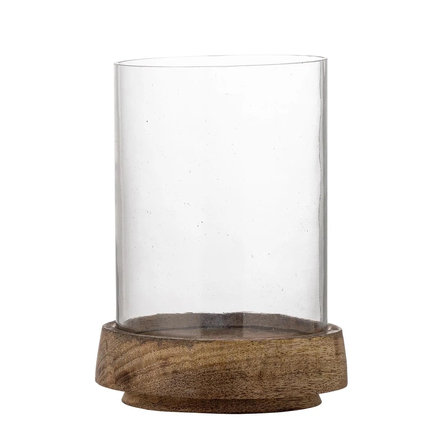 Eleganter Kesia Kerzenhalter aus Mangoholz und klarem Glas, ideal für warme, einladende Atmosphäre in jedem Raum.