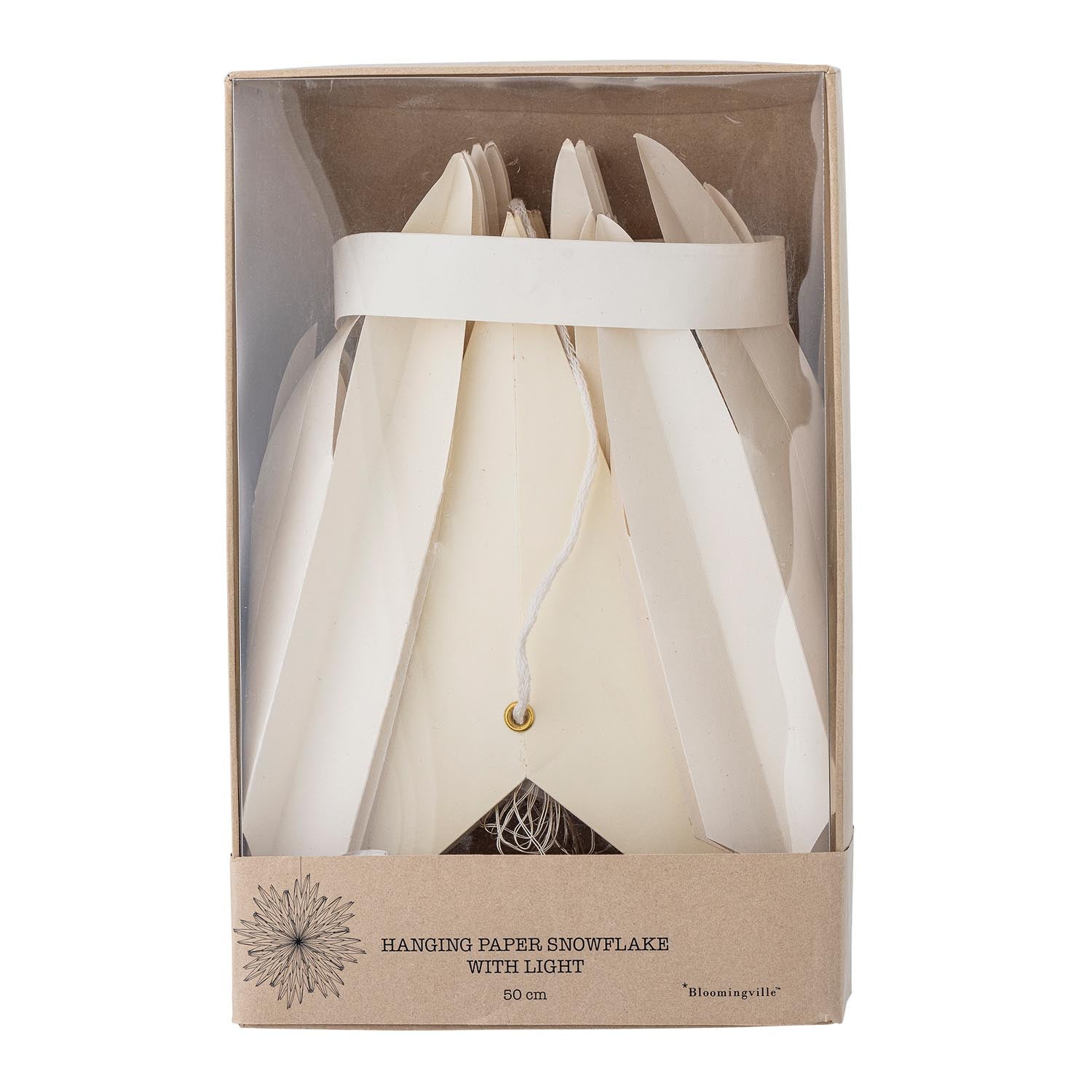 Elijas Stern von Bloomingville: Eleganter weisser Papierstern mit integriertem Licht, ideal für eine festliche und stilvolle Dekoration.