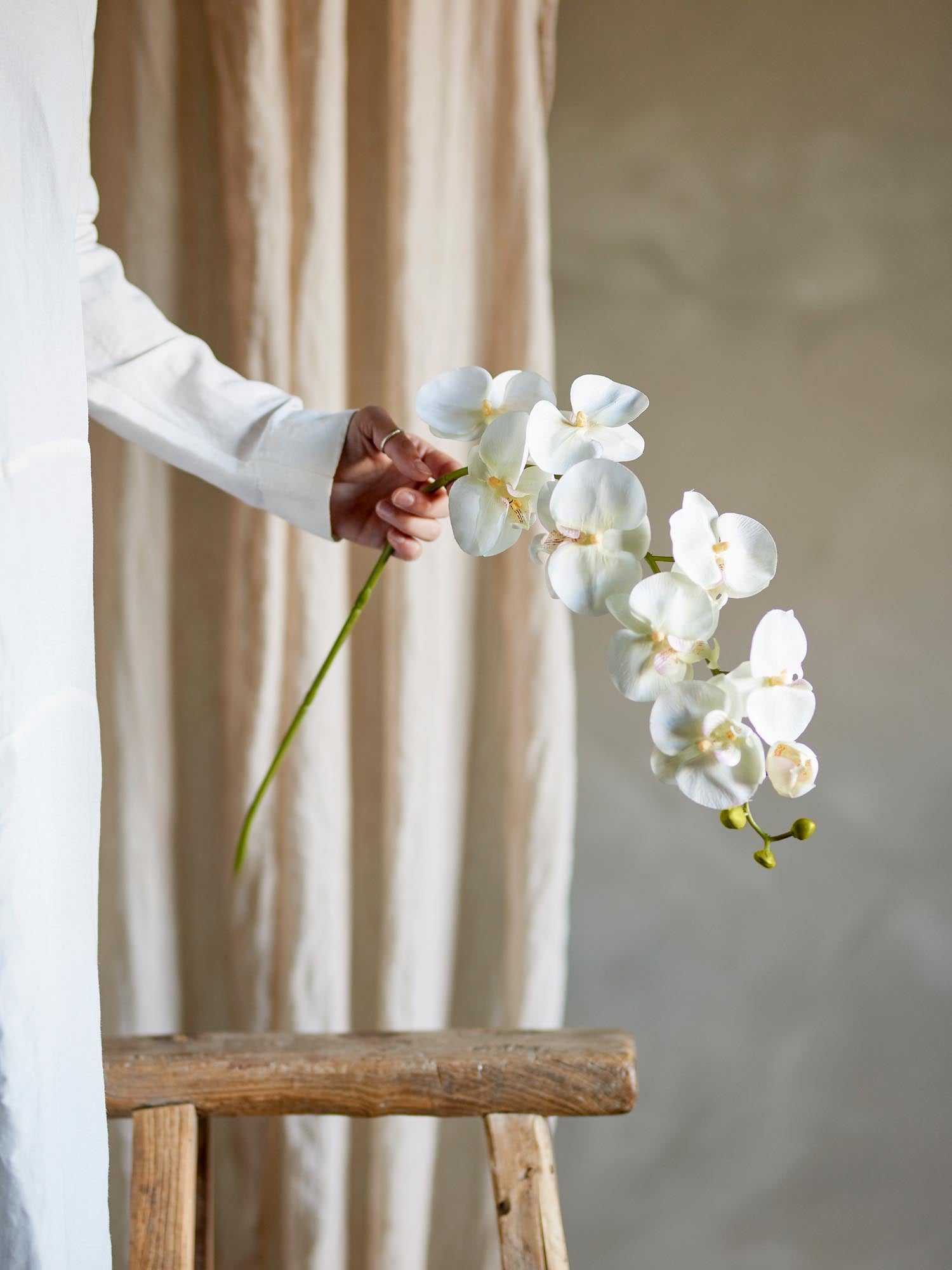 Eleganter künstlicher Orchideenstiel in Weiss von Bloomingville, ideal für stilvolle Dekorationen und langlebige Arrangements.