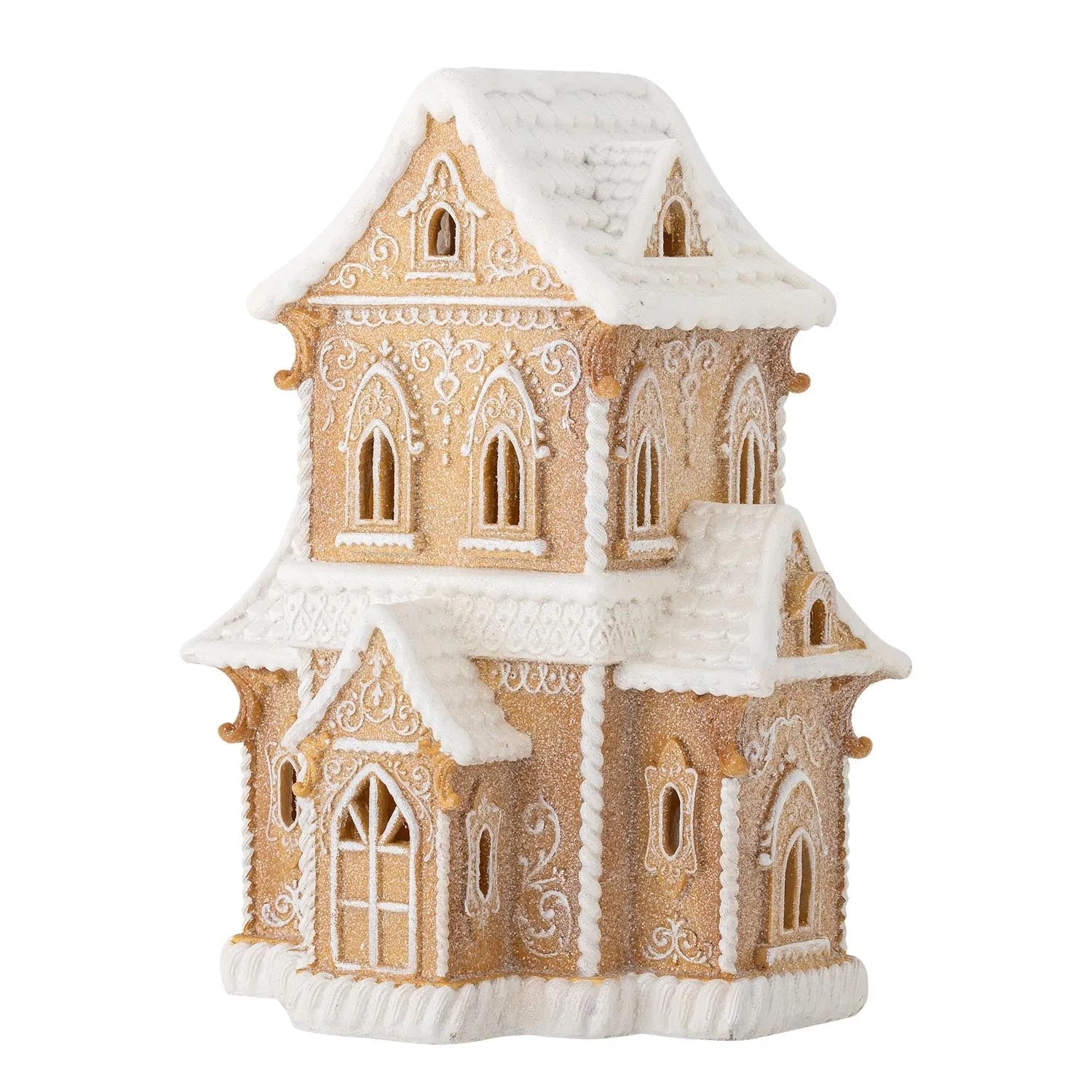 Kevin Deko mit Licht: Ein funkelndes Lebkuchenhaus aus Polyresin mit LED-Beleuchtung, das weihnachtliche Gemütlichkeit verbreitet.