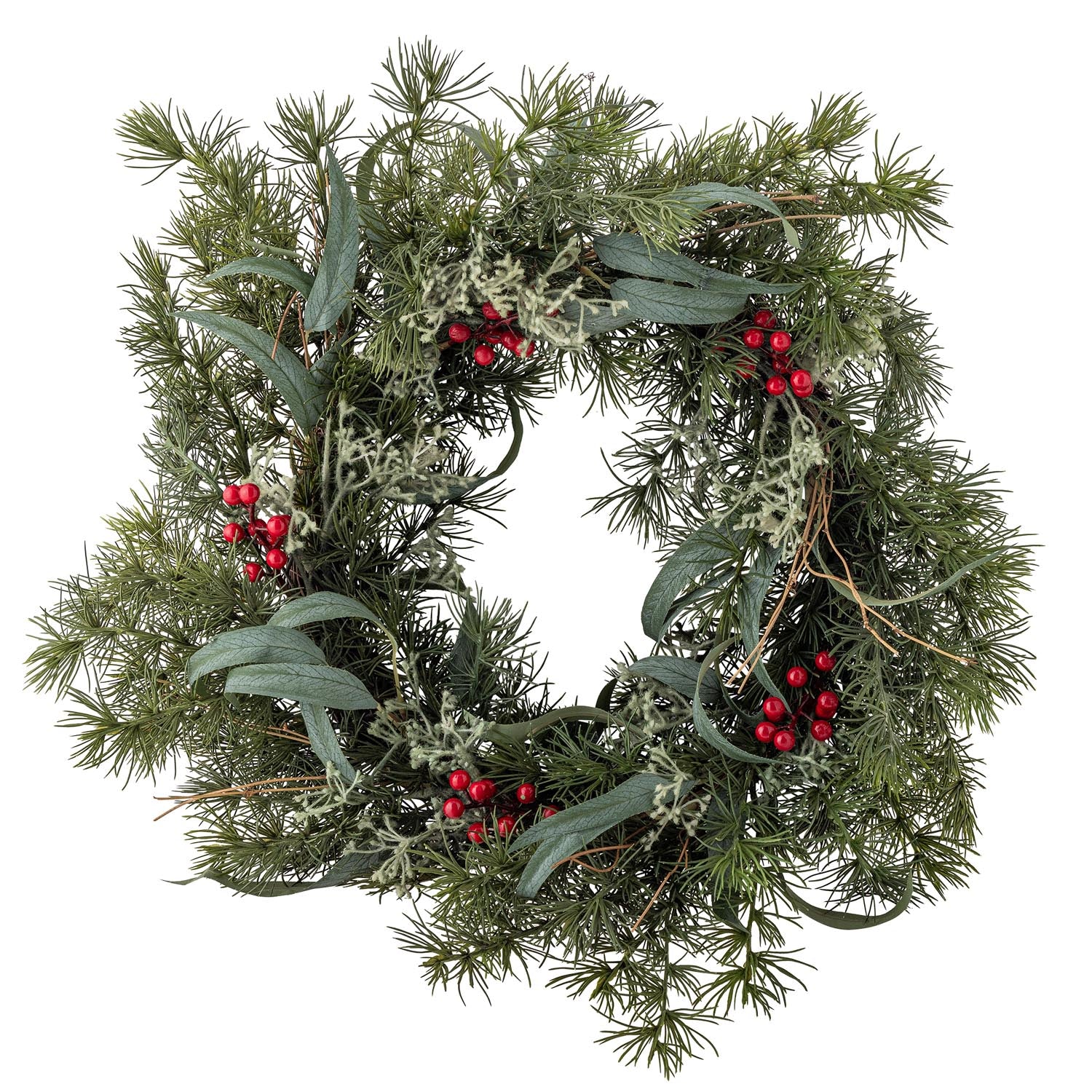 Künstlicher Pine Kranz von Bloomingville: Naturgetreue Tannenzweige mit roten Beeren, ideal für festliche Dekorationen drinnen und draussen.