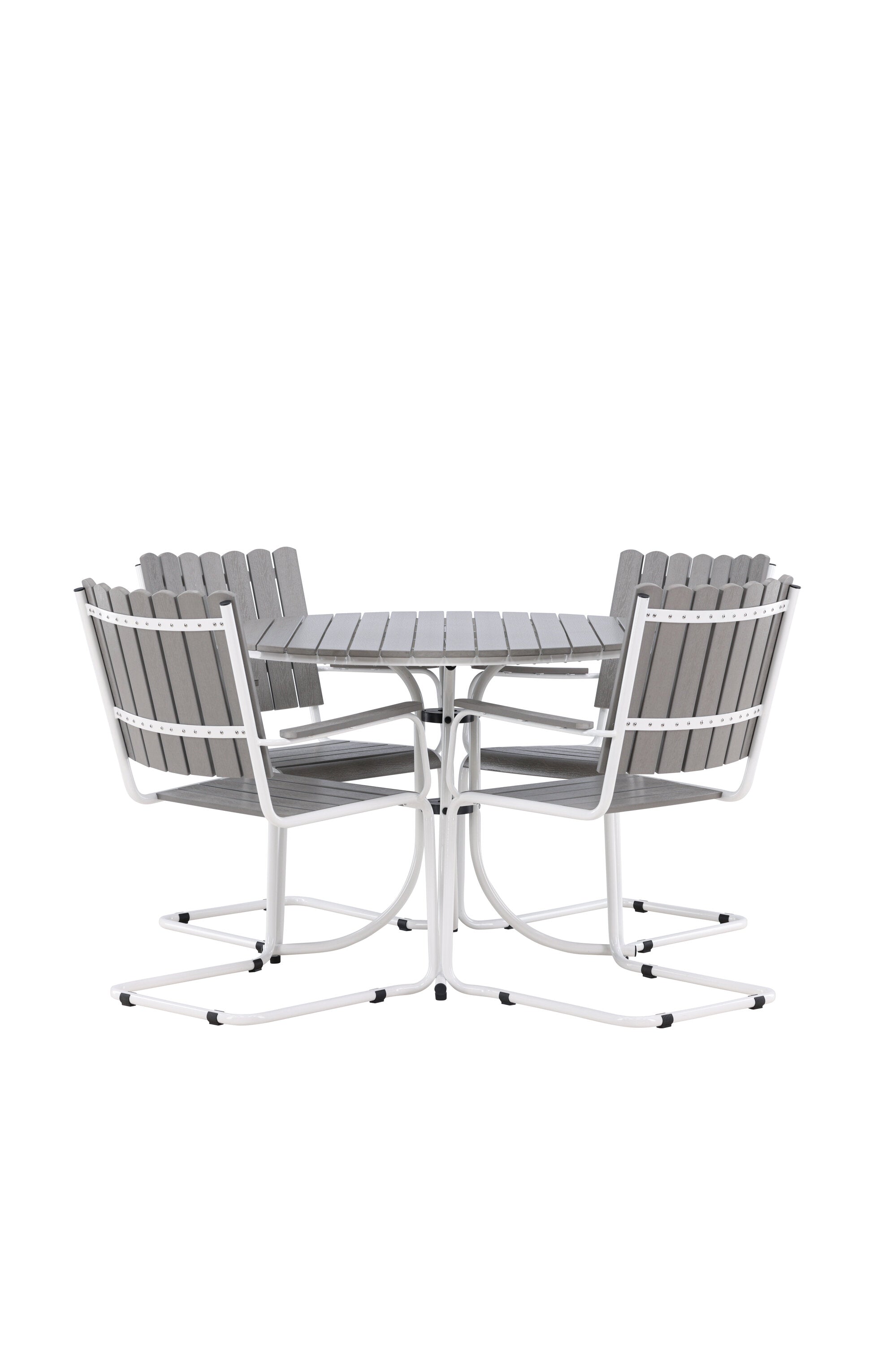Das Holmsund Tisch Set von Venture Home: Stilvoll und funktional für unvergessliche Outdoor-Abendessen. Modernes Design in Grau mit weissen Beinen.