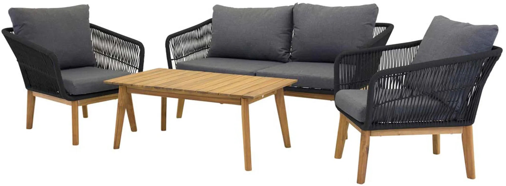 Elegantes Chania Sofa Set: 2-Sitzer, Sessel, Akazientisch. Dunkelgraue Kissen, Aluminiumgestell, wetterfest. Perfekt für Gartenpartys.