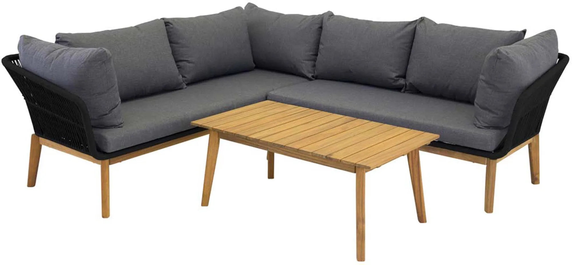 Elegantes Chania Ecksofa Outdoorset: Stilvolles Design, wetterfest, mit Akazienholz und Polyesterseil. Perfekt für entspannte Stunden.