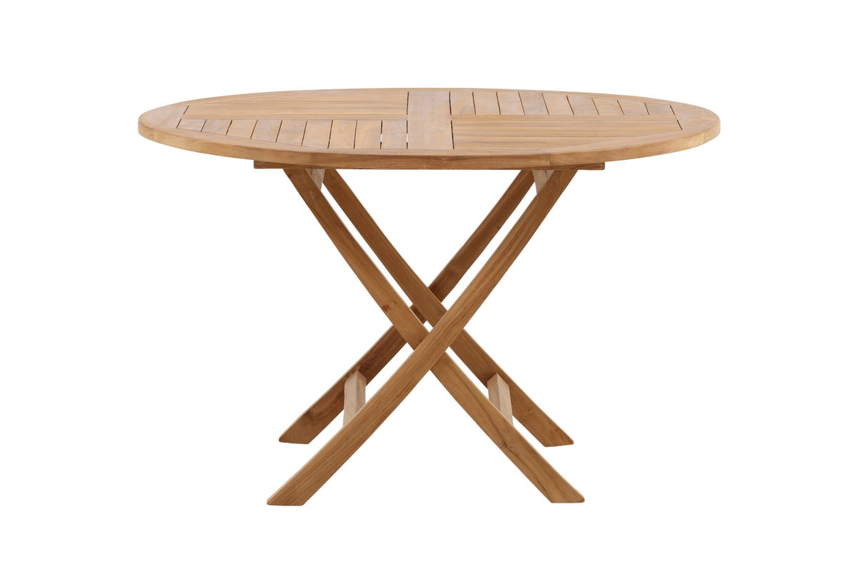 Runder Gartentisch Kenya aus Teakholz in Natur, Ø 120 cm, klappbare Tischplatte, auf Terrasse im Aussenbereich platziert.