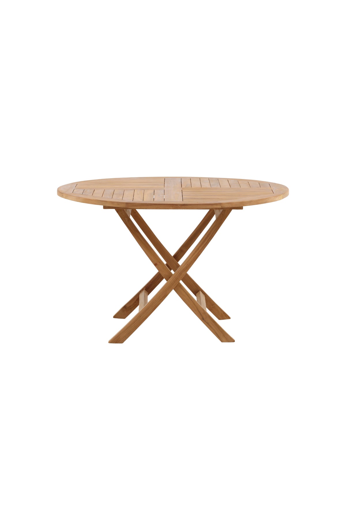 Runder Gartentisch Kenya aus Teakholz in Natur, Ø 120 cm, klappbare Tischplatte, auf Terrasse im Aussenbereich platziert.