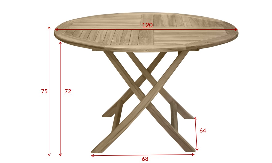 Runder Gartentisch Kenya aus Teakholz in Natur, Ø 120 cm, klappbare Tischplatte, auf Terrasse im Aussenbereich platziert.