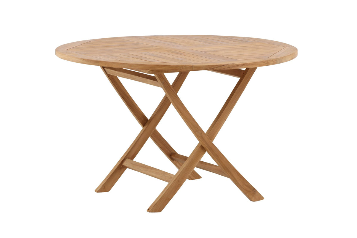 Runder Gartentisch Kenya aus Teakholz in Natur, Ø 120 cm, klappbare Tischplatte, auf Terrasse im Aussenbereich platziert.