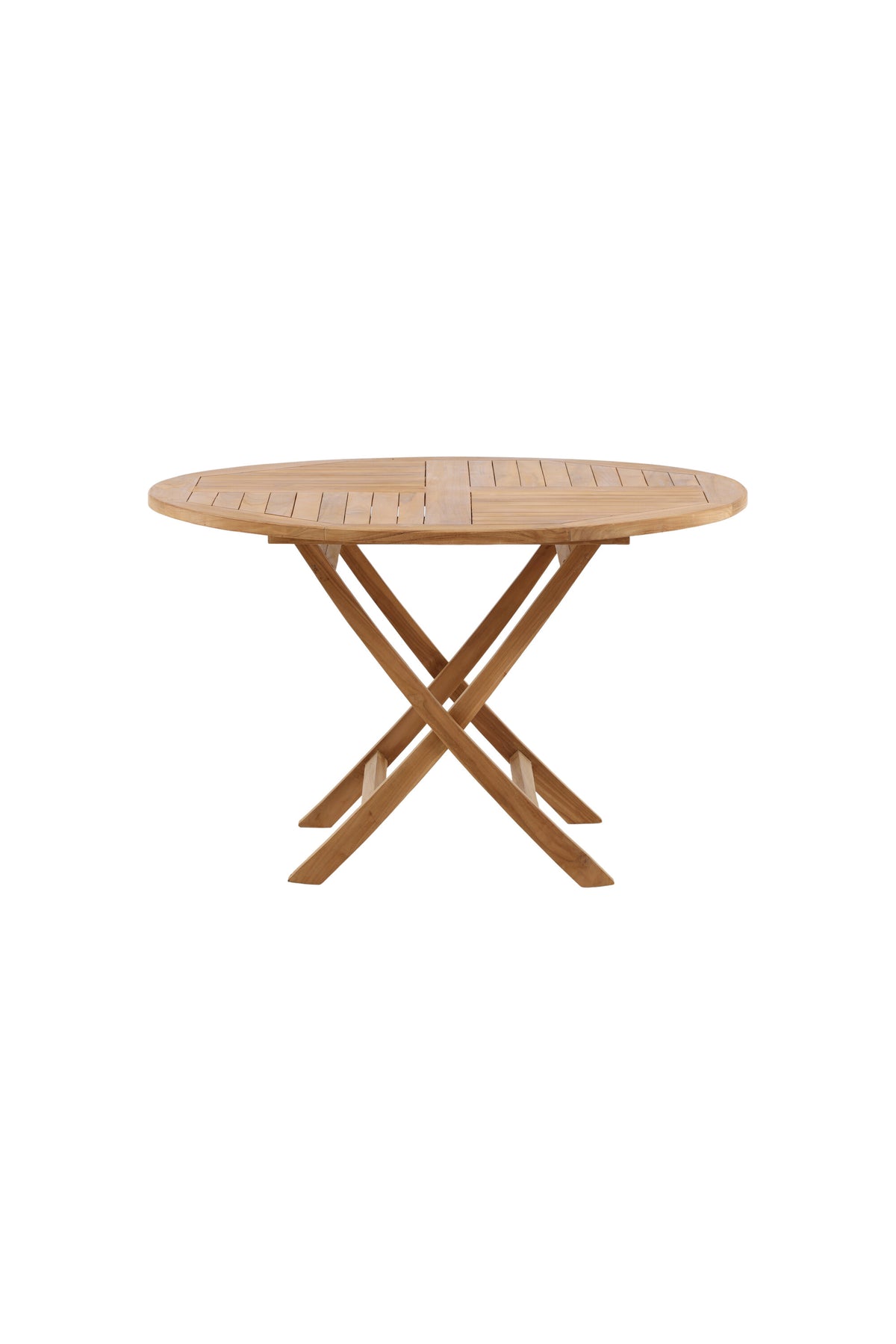 Runder Gartentisch Kenya aus Teakholz in Natur, Ø 120 cm, klappbare Tischplatte, auf Terrasse im Aussenbereich platziert.