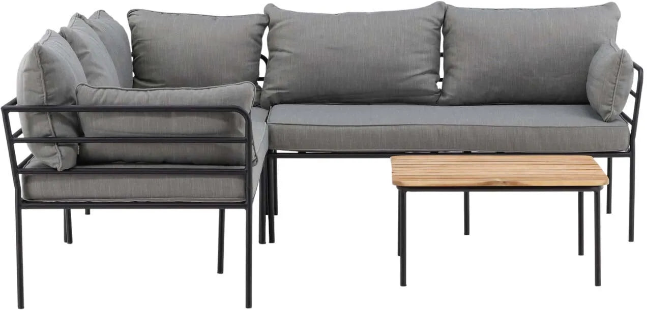 Stilvolles Penh Ecksofa Outdoorset: Robuster Stahl, wetterfeste Kissen, eleganter Akazienholztisch. Perfekt für Terrasse & Garten.