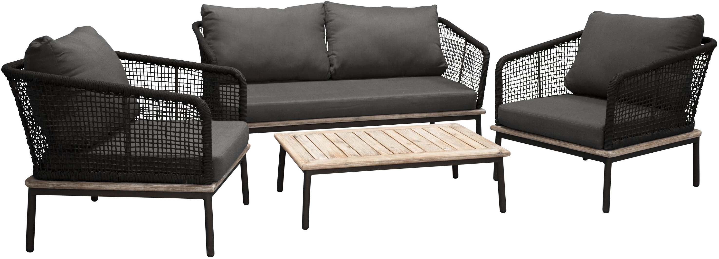 Elegante Andorra Sofagarnitur: Modernes Design, Akazienholz, Metallgestell, komfortable Kissen, ideal für drinnen & draussen.