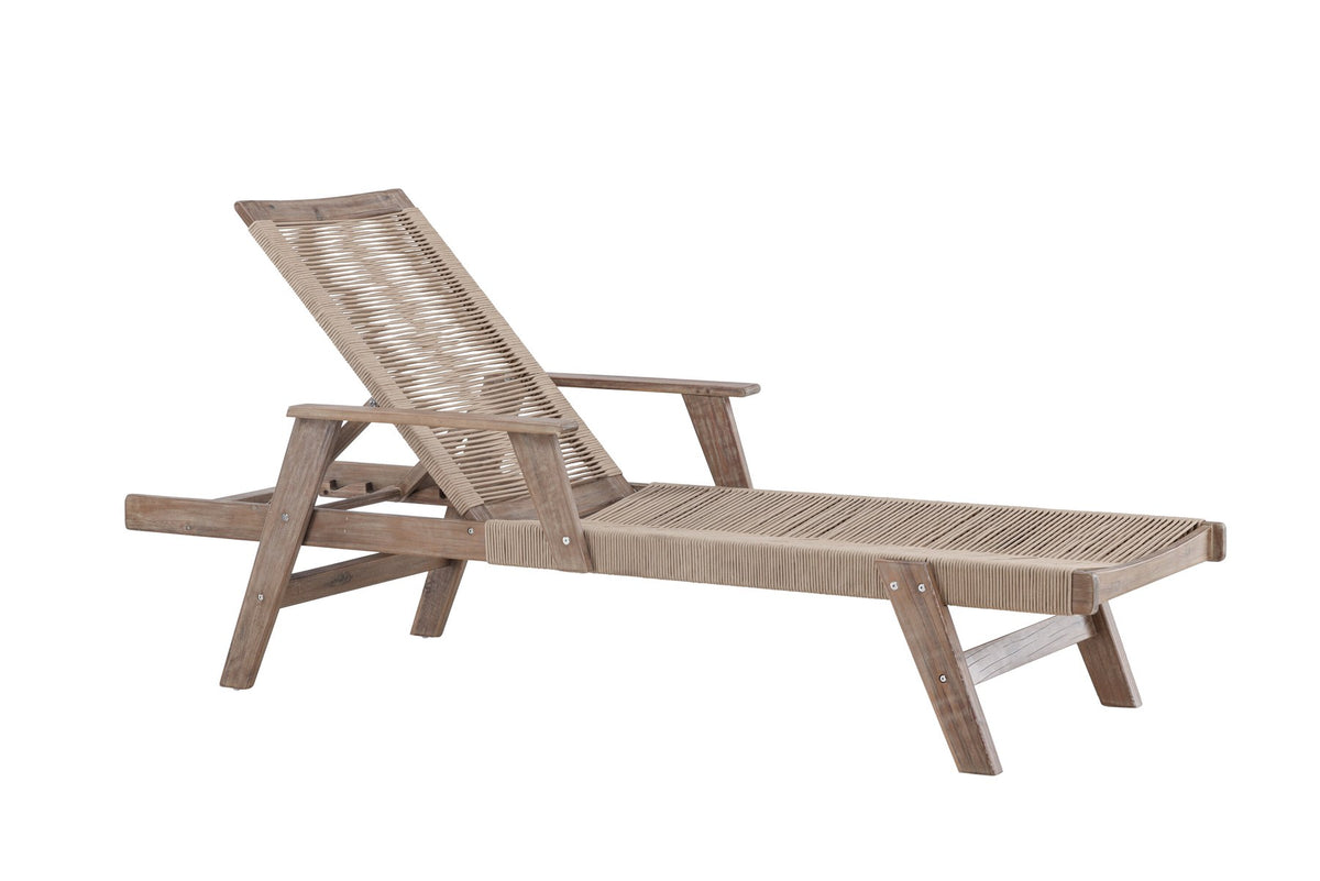 Sonnenliege Little John aus dunkelbraunem Akazienholz mit Bespannung aus Polyesterseil, verstellbare Rückenlehne, Outdoor-Liegestuhl.