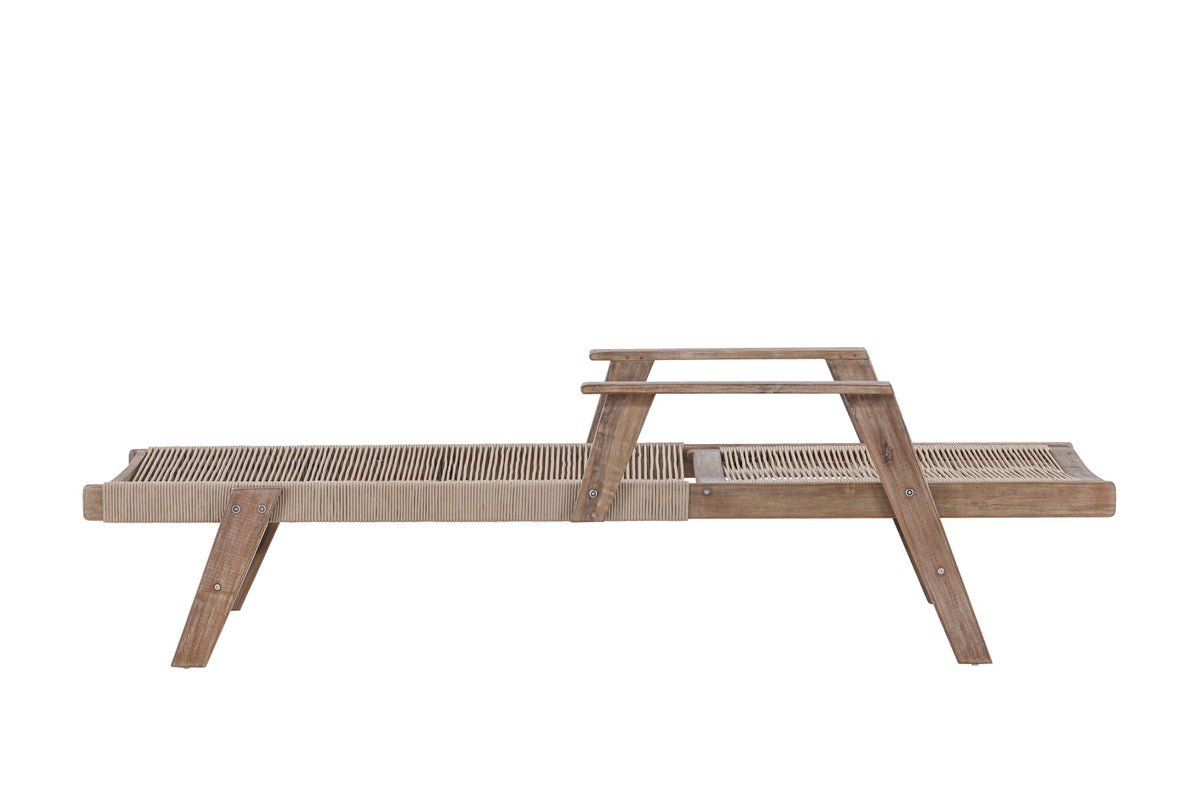 Sonnenliege Little John aus dunkelbraunem Akazienholz mit Bespannung aus Polyesterseil, verstellbare Rückenlehne, Outdoor-Liegestuhl.