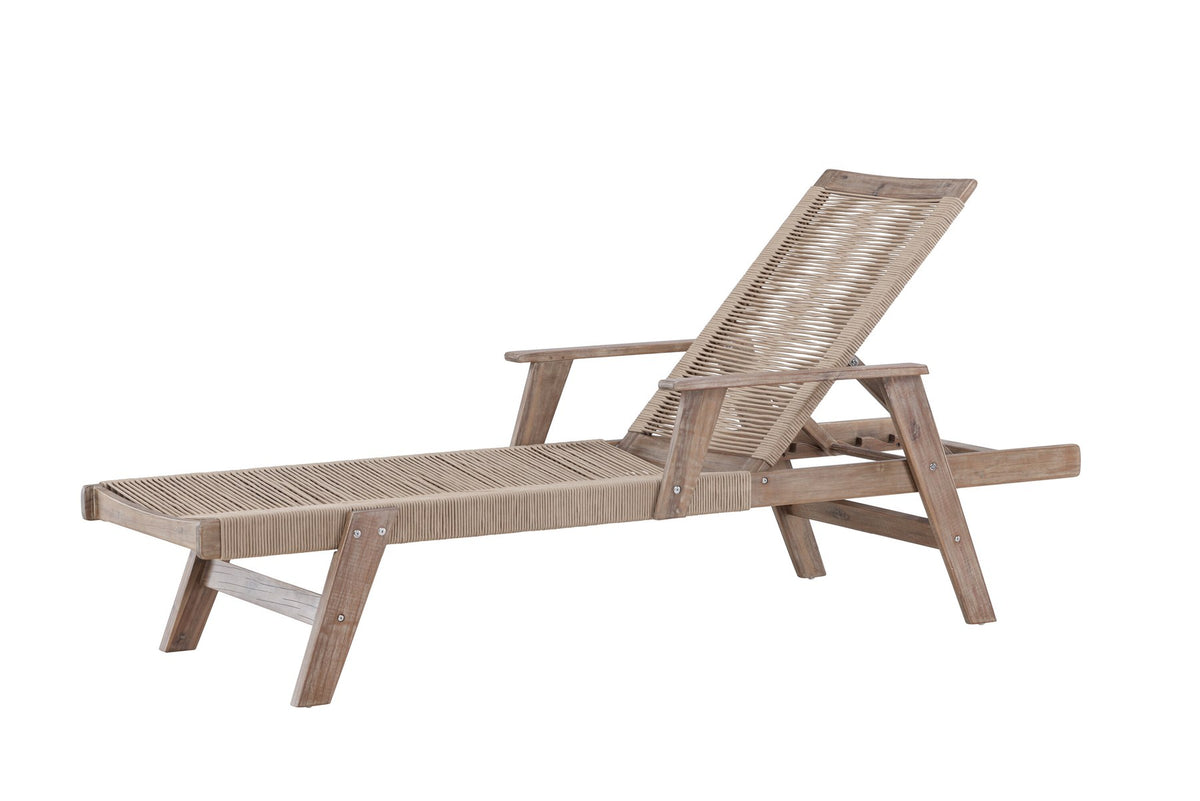 Sonnenliege Little John aus dunkelbraunem Akazienholz mit Bespannung aus Polyesterseil, verstellbare Rückenlehne, Outdoor-Liegestuhl.