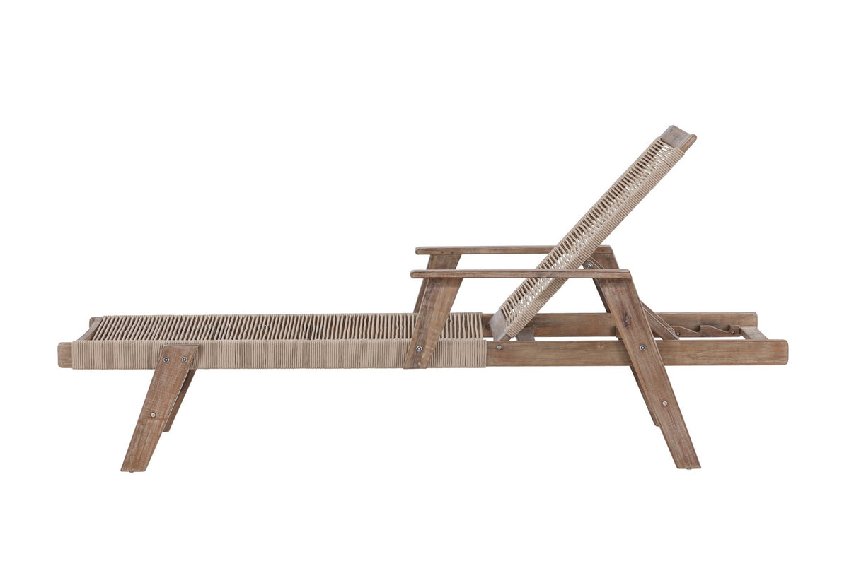 Sonnenliege Little John aus dunkelbraunem Akazienholz mit Bespannung aus Polyesterseil, verstellbare Rückenlehne, Outdoor-Liegestuhl.