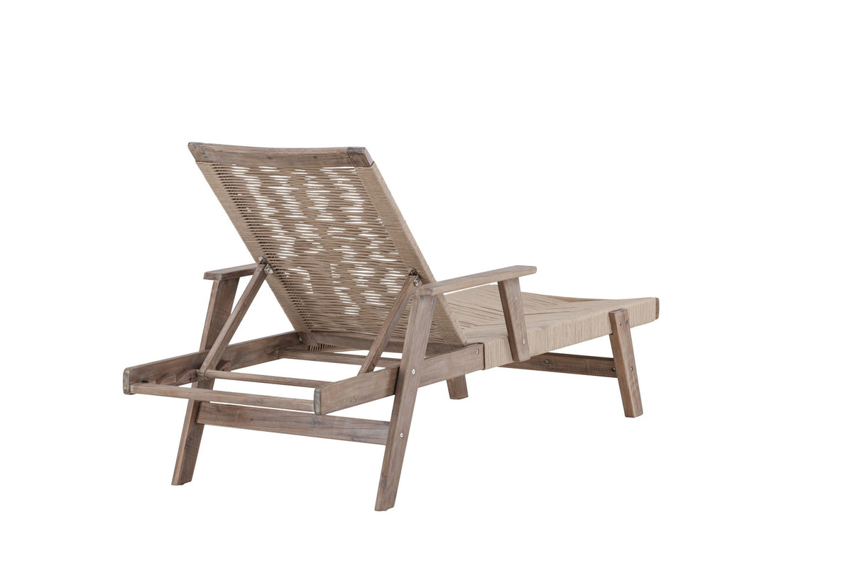Sonnenliege Little John aus dunkelbraunem Akazienholz mit Bespannung aus Polyesterseil, verstellbare Rückenlehne, Outdoor-Liegestuhl.