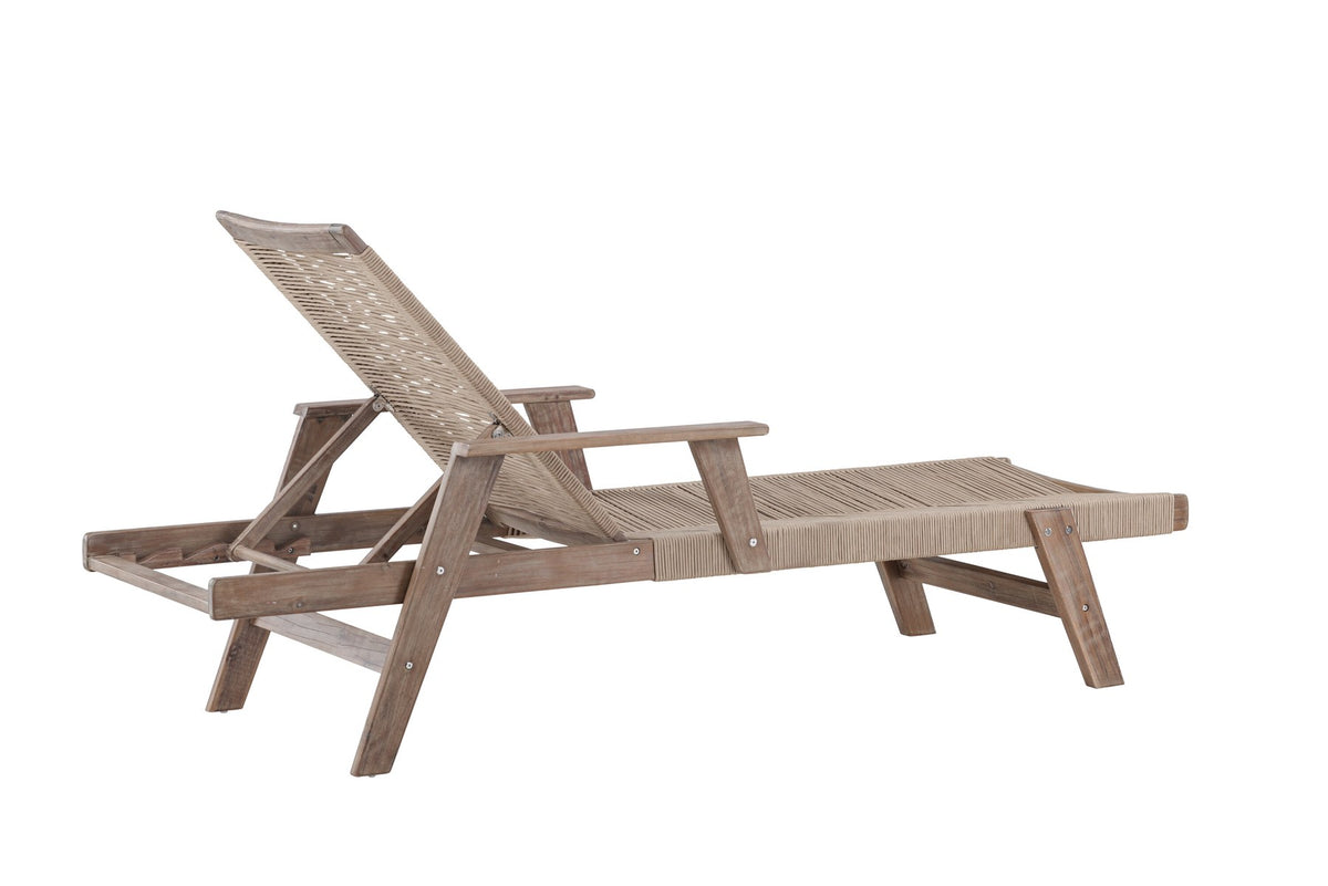 Sonnenliege Little John aus dunkelbraunem Akazienholz mit Bespannung aus Polyesterseil, verstellbare Rückenlehne, Outdoor-Liegestuhl.