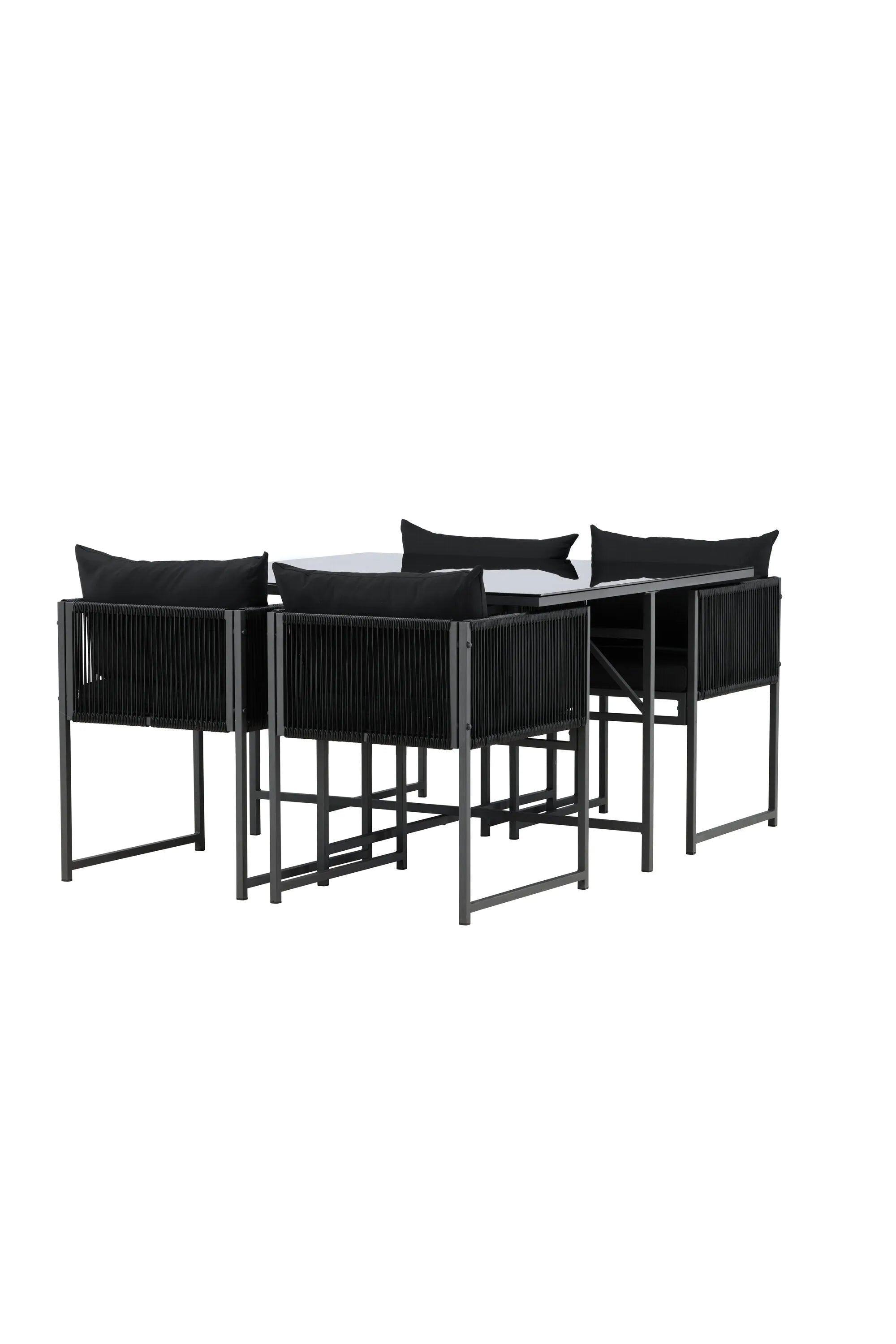 Elegantes Noto Ess-Set: Robuster Tisch mit Glasplatte, stilvolle Stühle mit Seildetails, ideal für stilvolle Outdoor-Dinner.