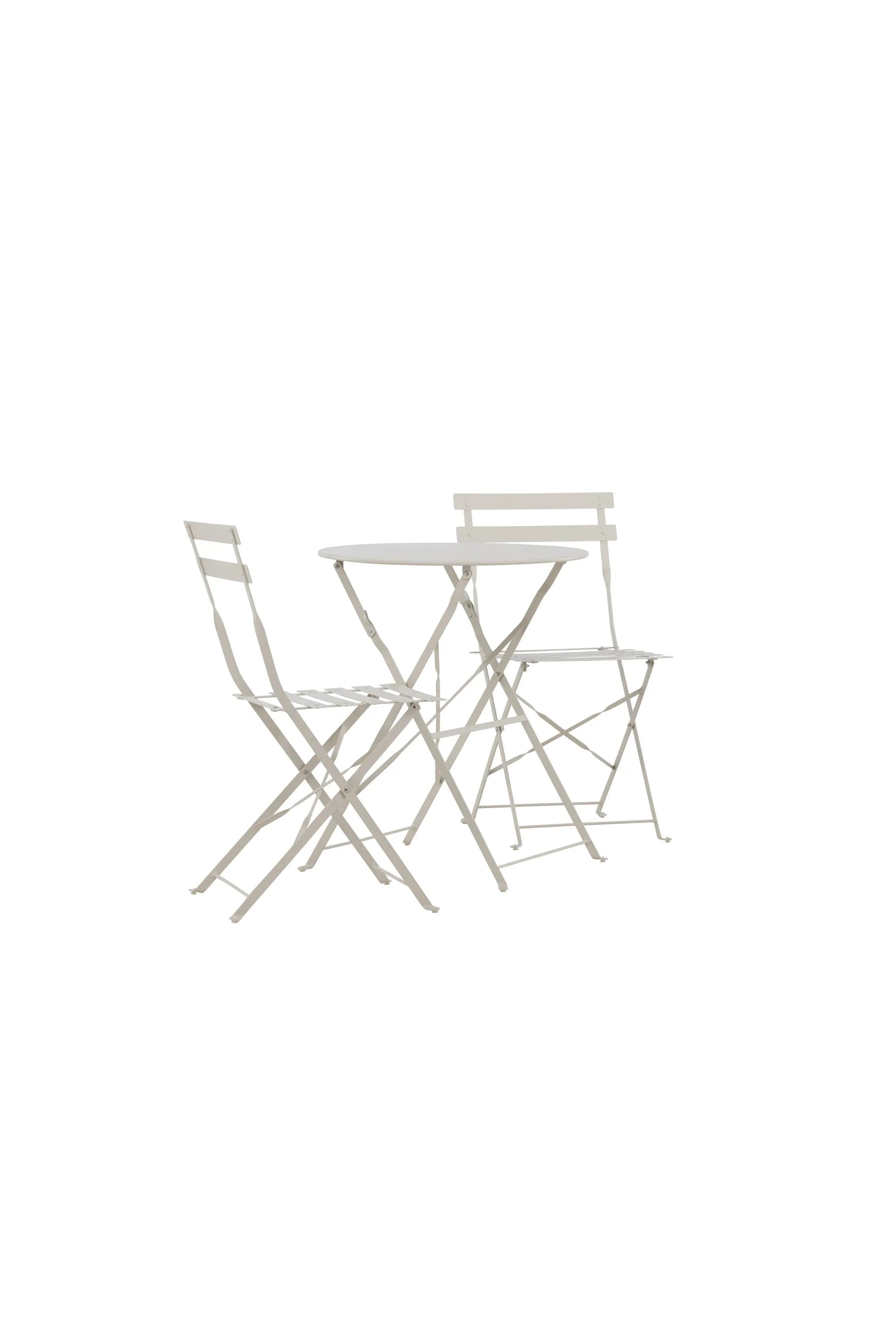 Elegantes, klappbares Café-Set aus robustem Stahl in Beige, ideal für kleine Balkone und Terrassen. Stilvoll und praktisch.