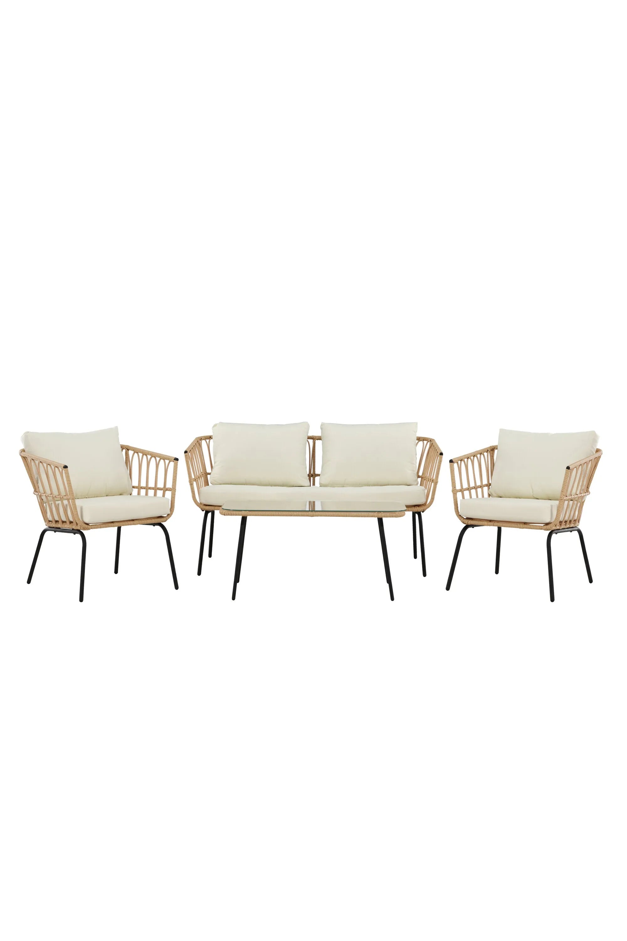 Das Ortigia Lounge Set von Venture Home vereint stilvolles Design mit Komfort. Der schwarze Metallrahmen und das Rattan-Design bieten Stabilität und Eleganz, während die beigen Kissen aus strapazierfähigem Polyester für Gemütlichkeit sorgen. Ein Tisch mit Glasplatte rundet das Set ab.