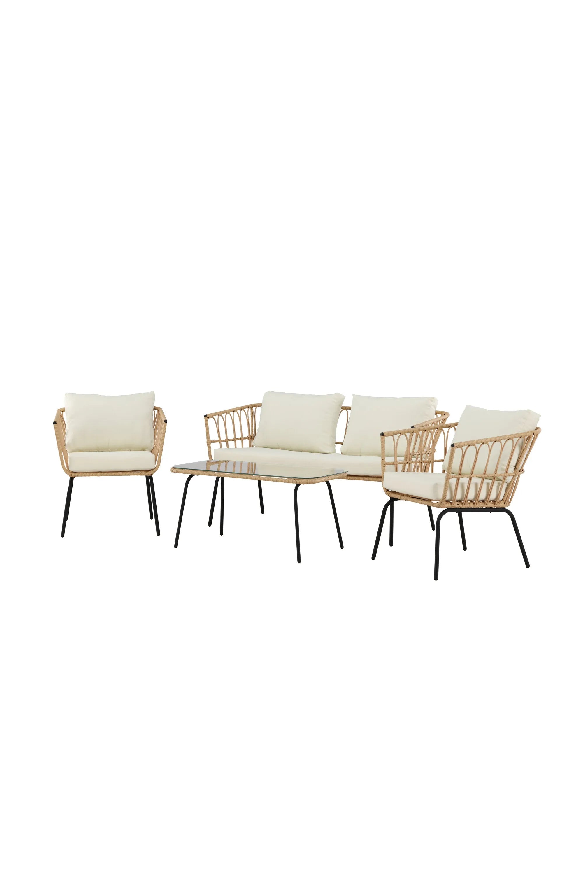 Das Ortigia Lounge Set von Venture Home vereint stilvolles Design mit Komfort. Der schwarze Metallrahmen und das Rattan-Design bieten Stabilität und Eleganz, während die beigen Kissen aus strapazierfähigem Polyester für Gemütlichkeit sorgen. Ein Tisch mit Glasplatte rundet das Set ab.