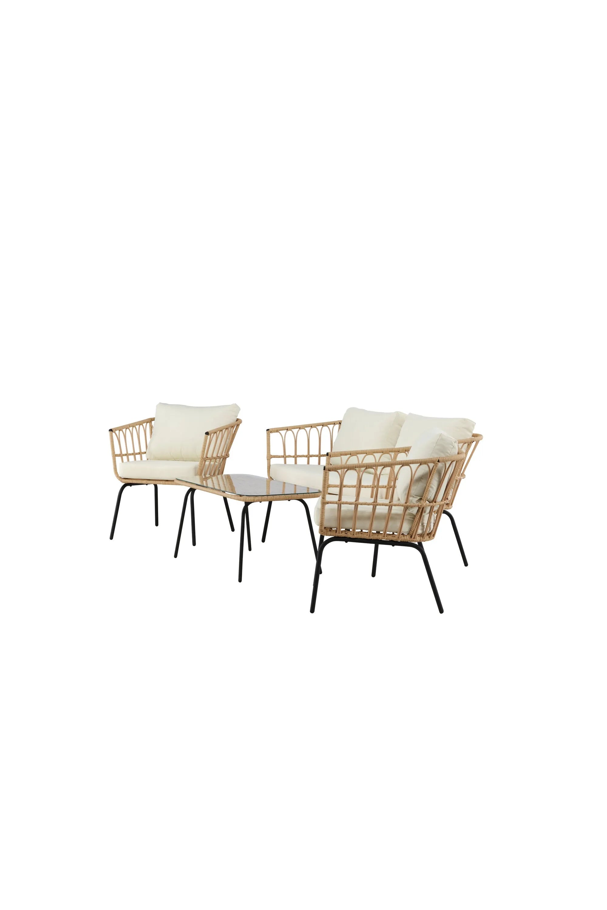 Das Ortigia Lounge Set von Venture Home vereint stilvolles Design mit Komfort. Der schwarze Metallrahmen und das Rattan-Design bieten Stabilität und Eleganz, während die beigen Kissen aus strapazierfähigem Polyester für Gemütlichkeit sorgen. Ein Tisch mit Glasplatte rundet das Set ab.