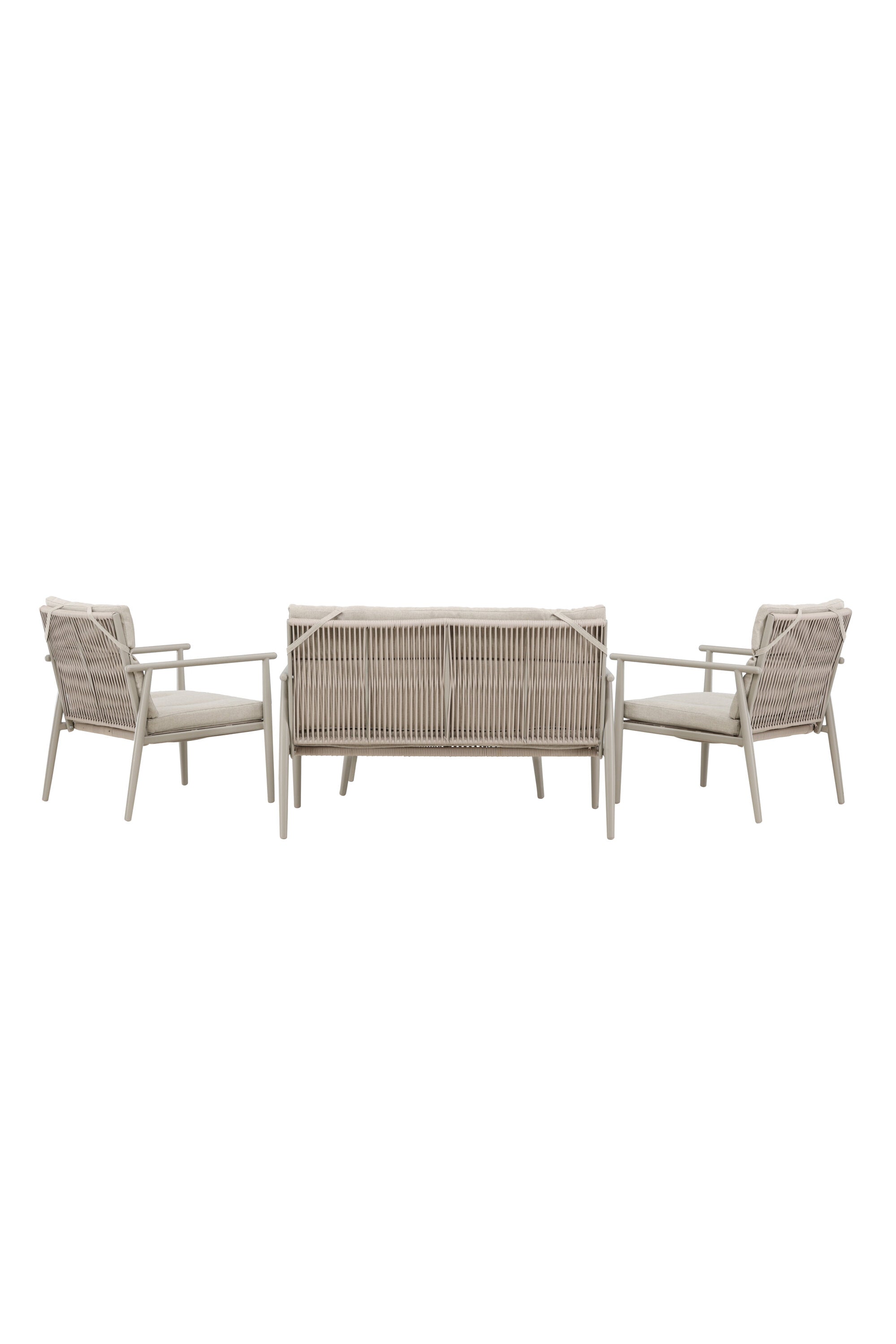 Elegantes Mazzaro Sofa Set: Grüner Stahlrahmen, bequeme beigen Kissen, ideal für stilvolle Outdoor-Entspannung.