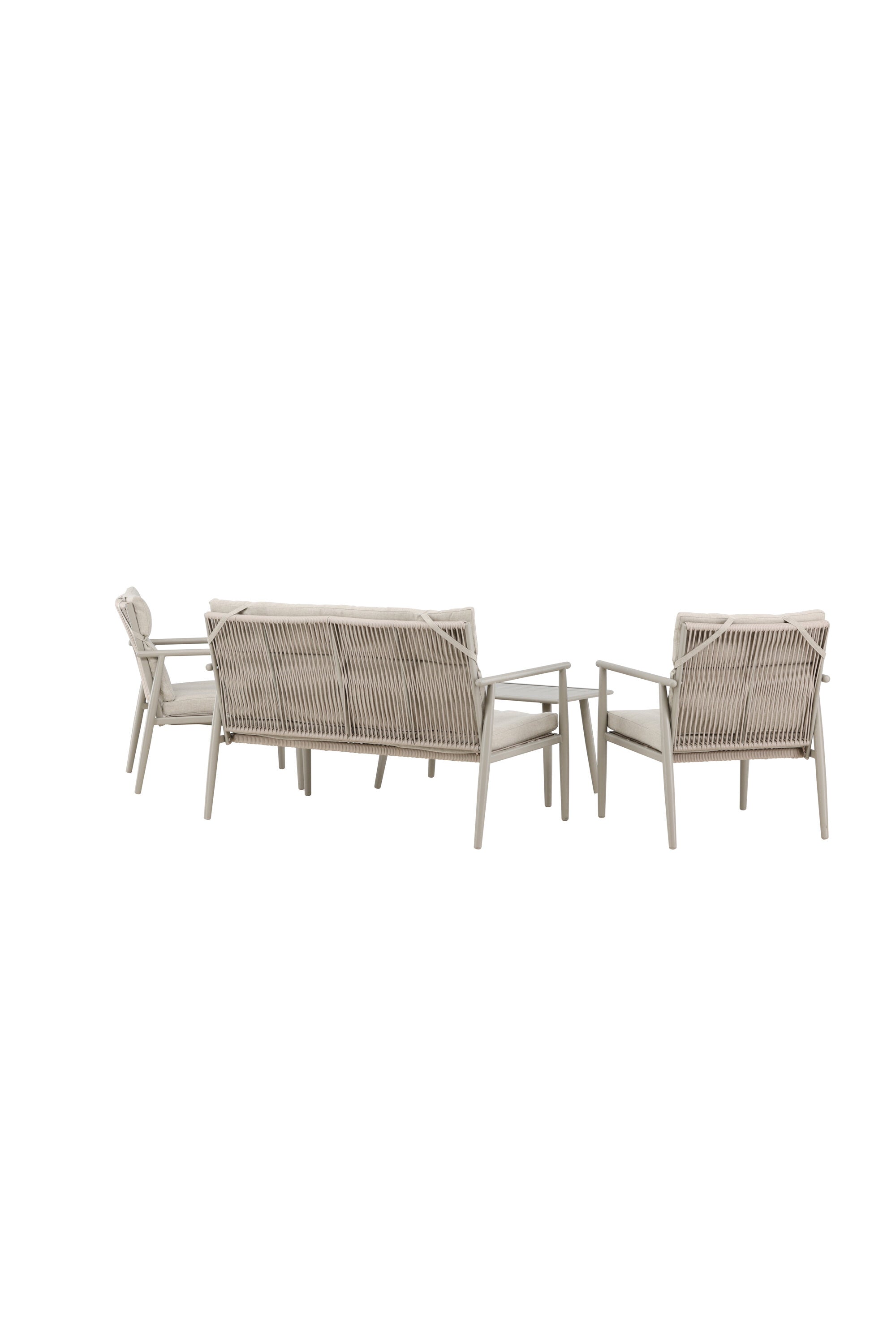 Elegantes Mazzaro Sofa Set: Grüner Stahlrahmen, bequeme beigen Kissen, ideal für stilvolle Outdoor-Entspannung.