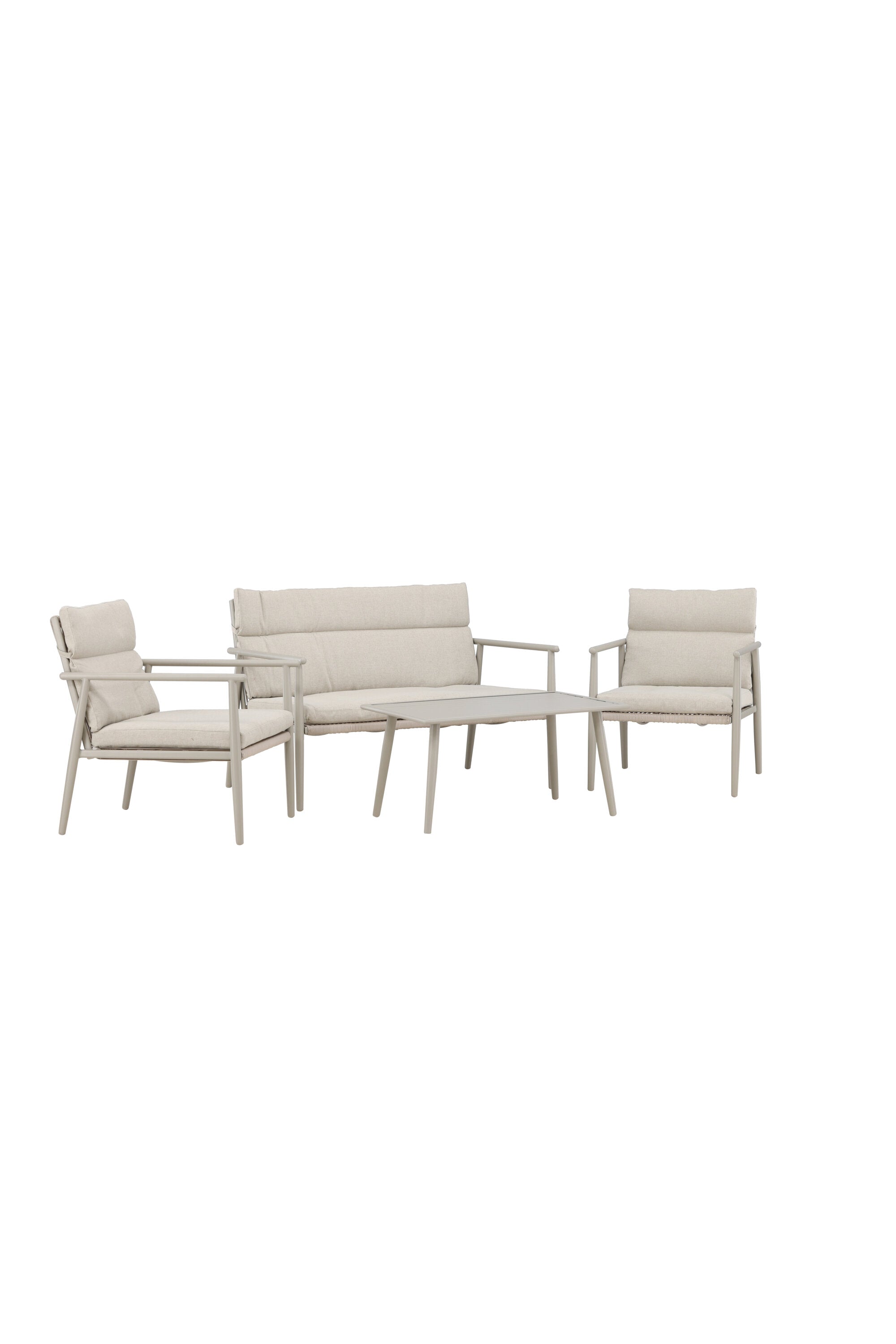 Das Mazzaro Sofa Set von Venture Home vereint stilvolles Design mit Funktionalität: grüner Stahlrahmen, bequeme beigen Kissen, ideal für Garten.