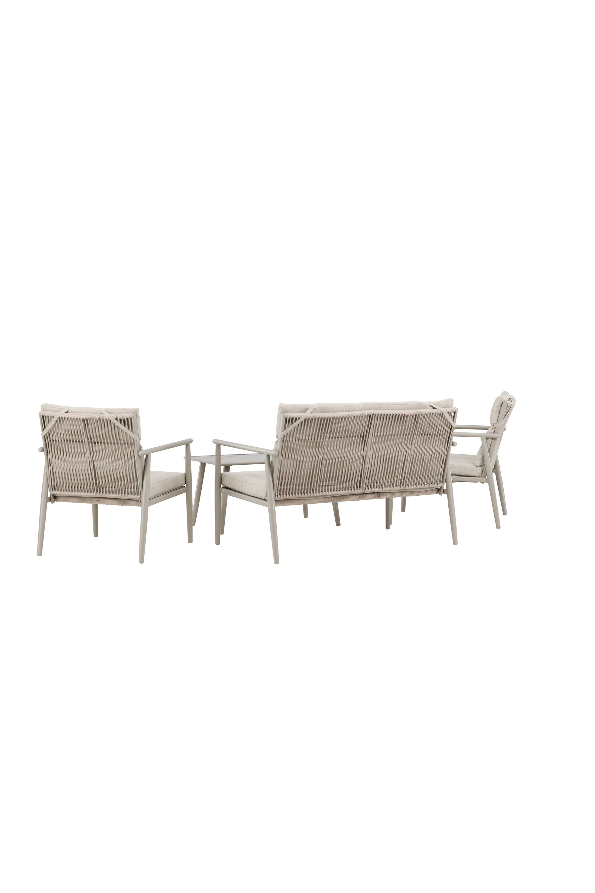 Elegantes Mazzaro Sofa Set: Grüner Stahlrahmen, bequeme beigen Kissen, ideal für stilvolle Outdoor-Entspannung.