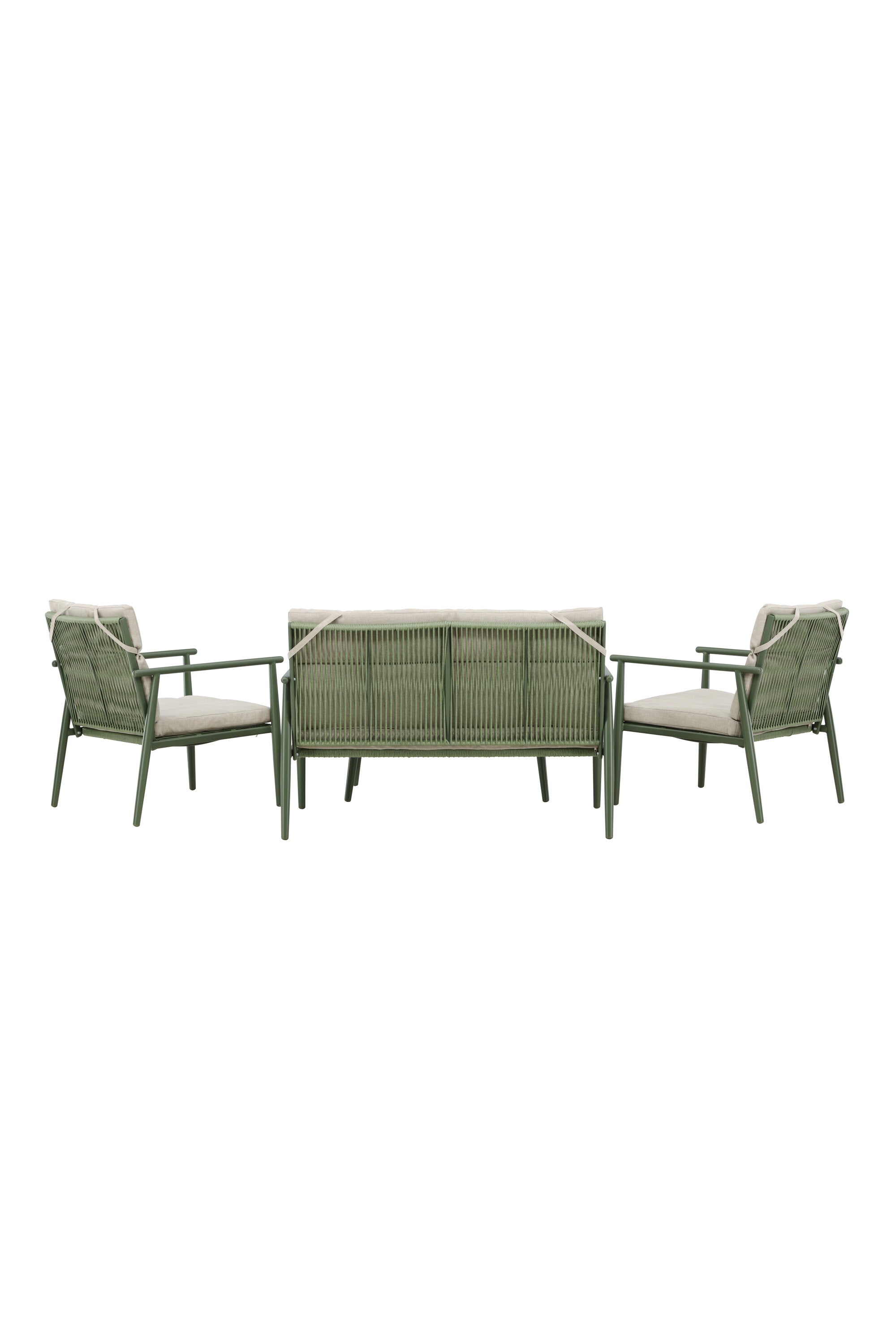 Elegantes Mazzaro Sofa Set: Grüner Stahlrahmen, bequeme beigen Kissen, ideal für stilvolle Outdoor-Entspannung.