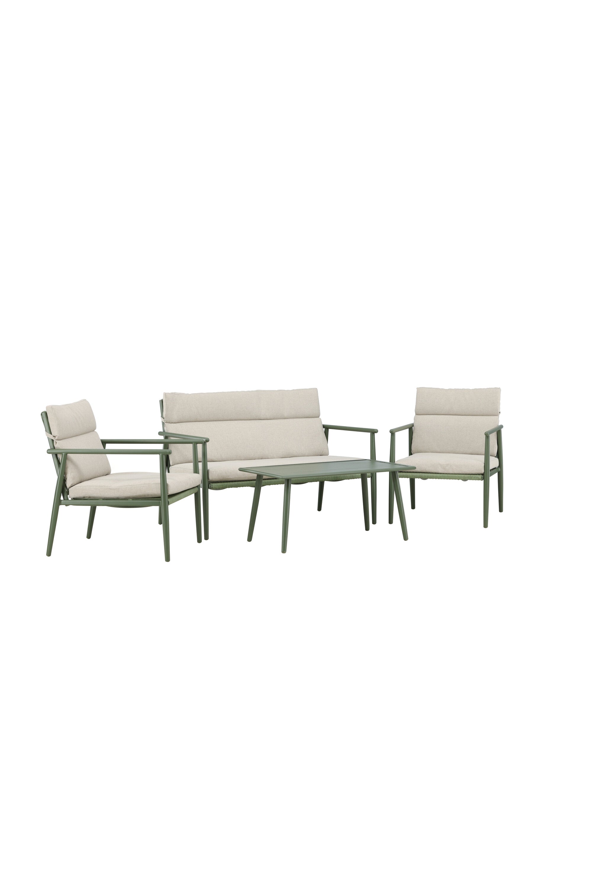 Elegantes Mazzaro Sofa Set: Grüner Stahlrahmen, bequeme beigen Kissen, ideal für stilvolle Outdoor-Entspannung.