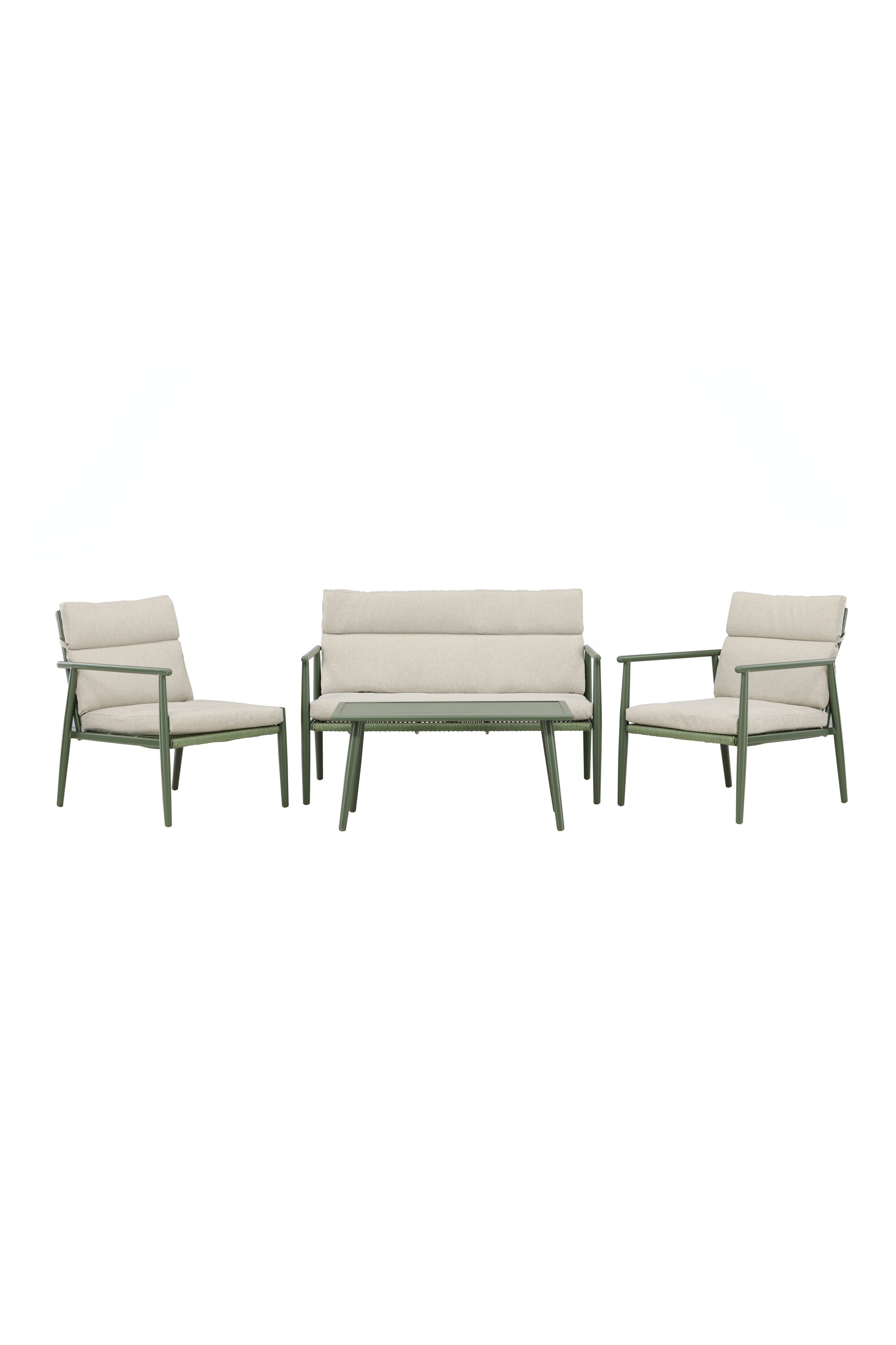 Elegantes Mazzaro Sofa Set: Grüner Stahlrahmen, bequeme beigen Kissen, ideal für stilvolle Outdoor-Entspannung.