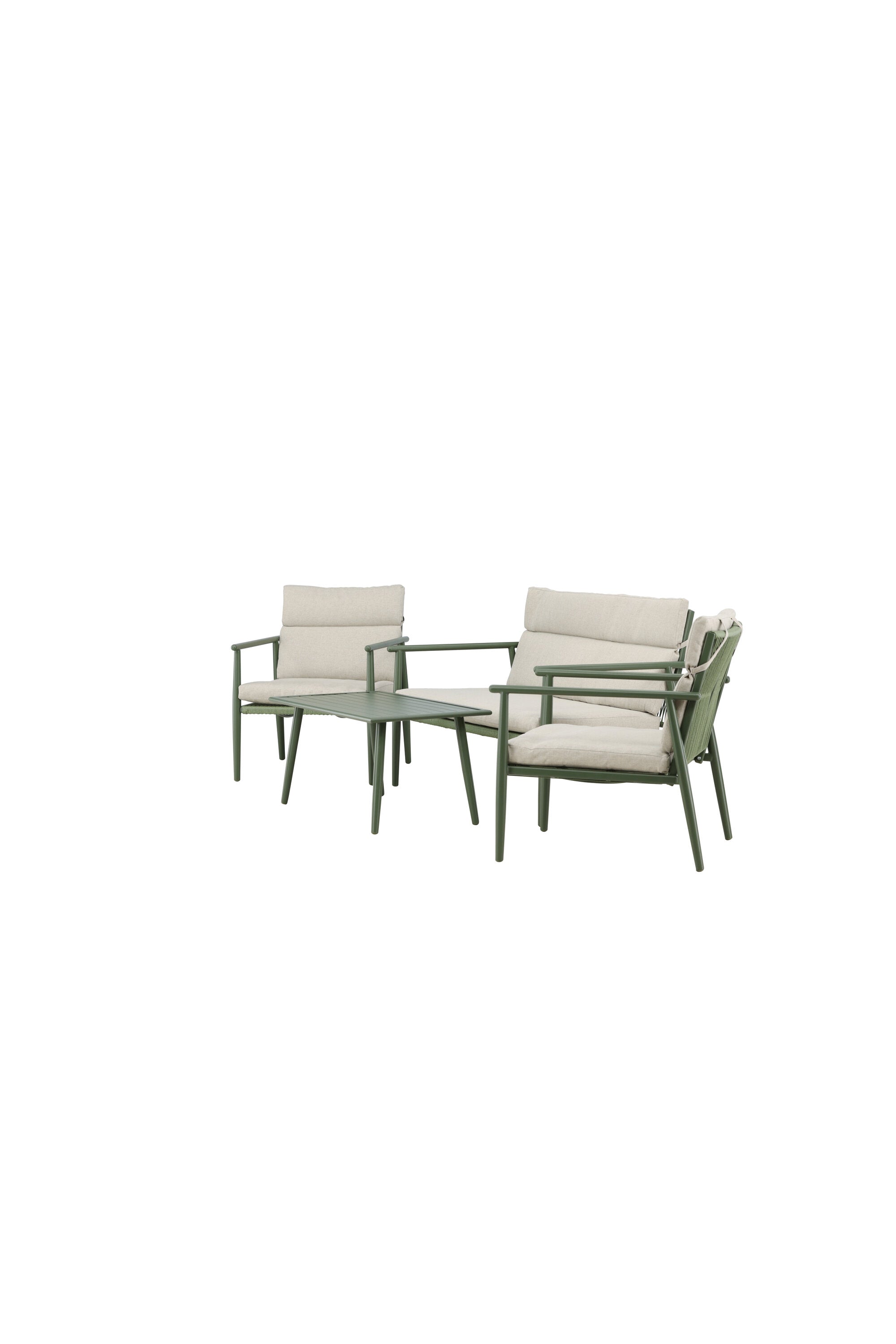 Elegantes Mazzaro Sofa Set: Grüner Stahlrahmen, bequeme beigen Kissen, ideal für stilvolle Outdoor-Entspannung.