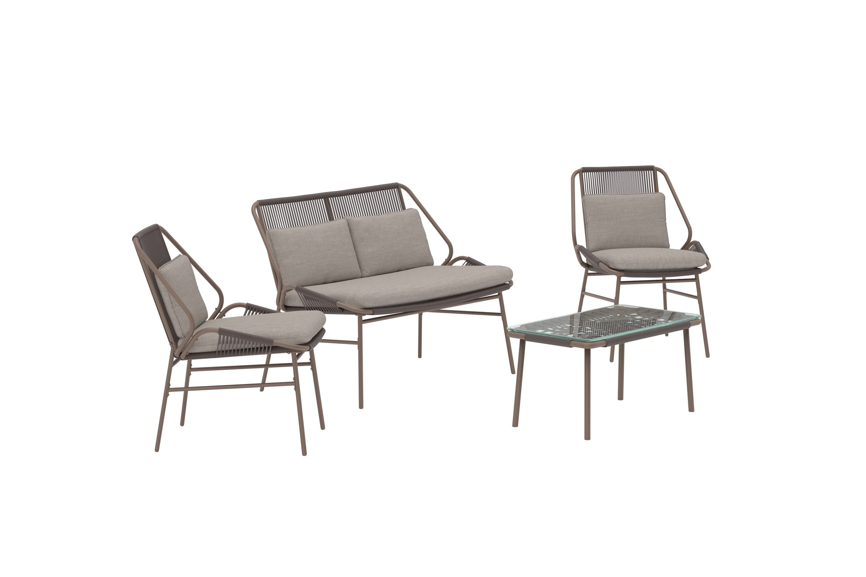 Modernes Zakynthos Sofa Set in sanften Erdtönen, perfekt für gemütliche Outdoor-Lounges und gesellige Abende im Garten.
