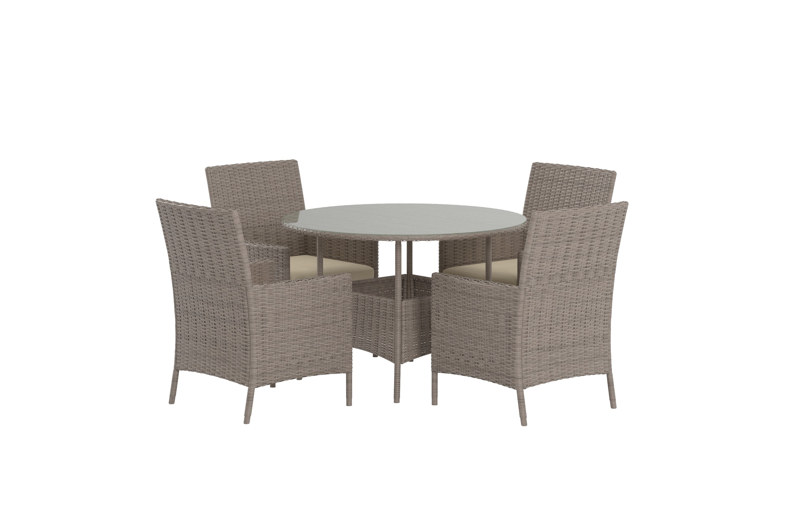 Elegantes Gartentischset Lefkas für 4 Personen in warmen Brauntönen, ideal für entspannte Stunden im Garten oder auf der Terrasse.