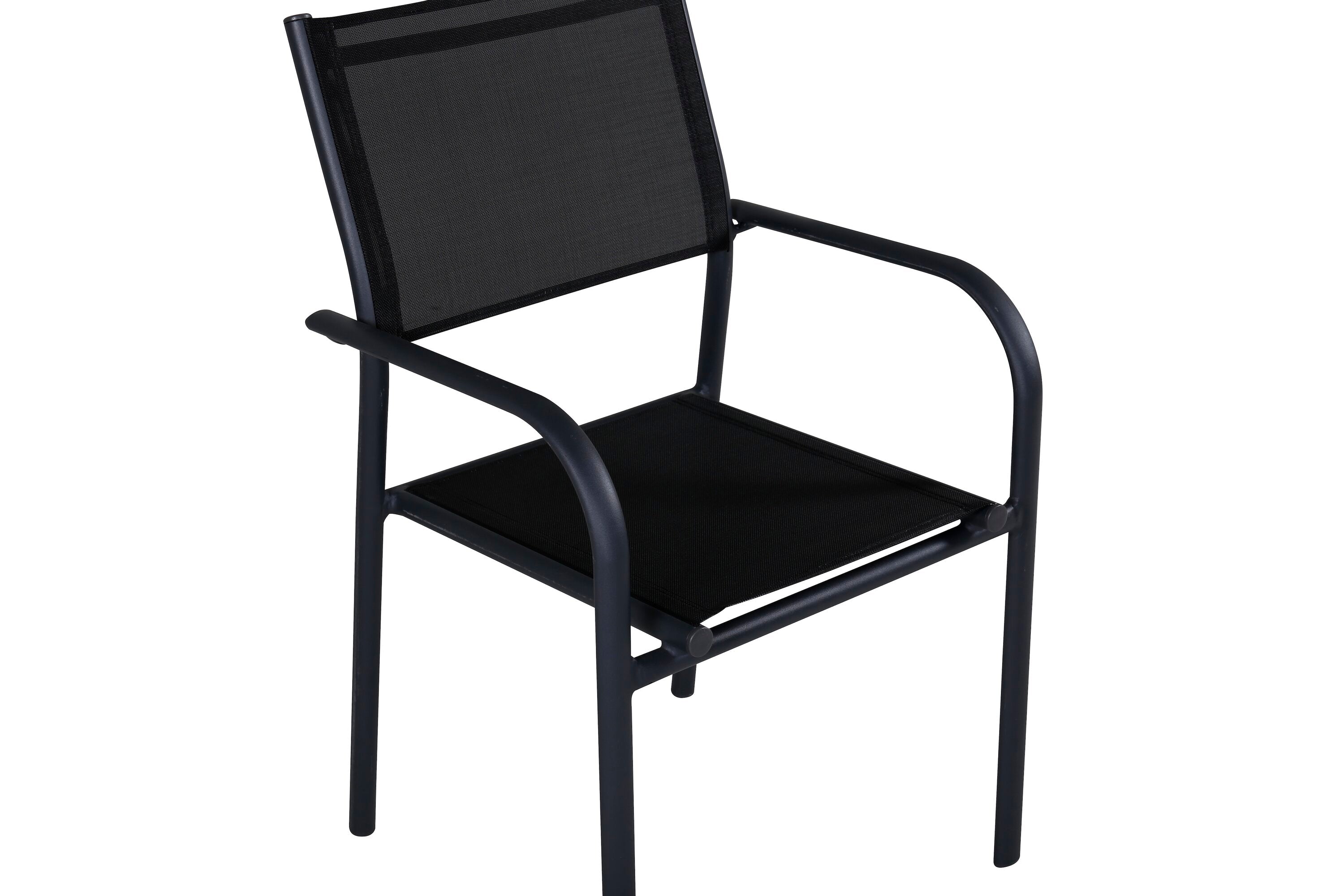 Eleganter Santorini Sessel in Schwarz, ideal für Garten und Terrasse, vereint modernes Design mit hohem Sitzkomfort.