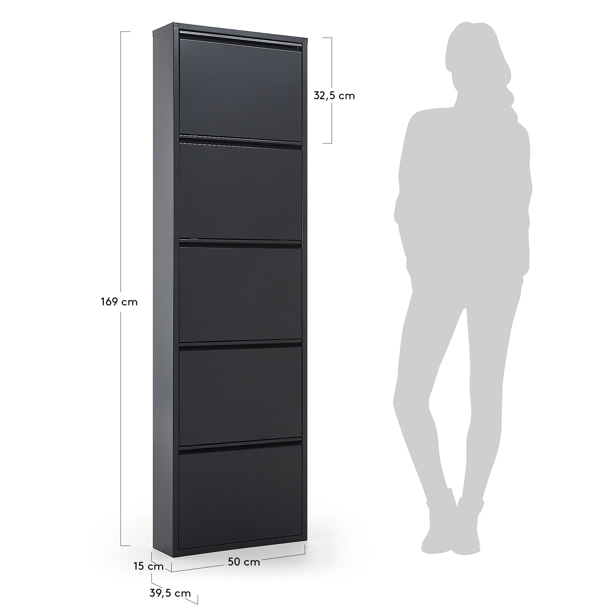Eleganter Schuhschrank Ode von Kave Home, 50x168,5 cm, 5 Türen, dunkelgrau, ideal für moderne und platzsparende Schuhaufbewahrung.