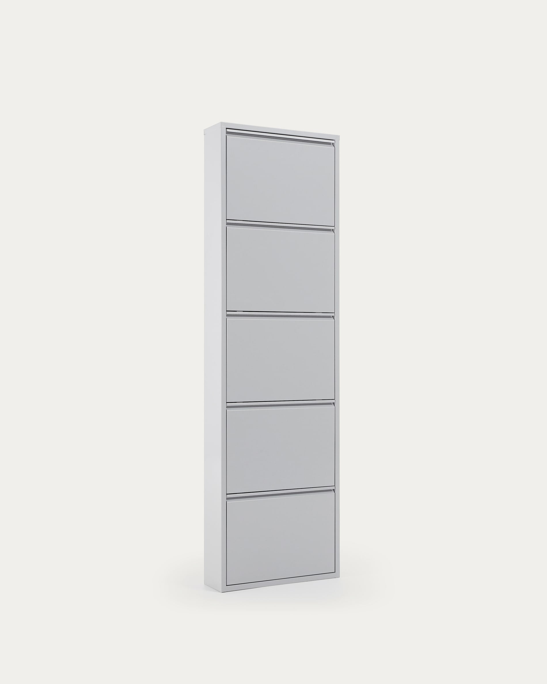 3D-Modell eines modernen, grauen, 5-türigen Schuhregals aus Metall, 50x168,5 cm, platzsparend und stilvoll.