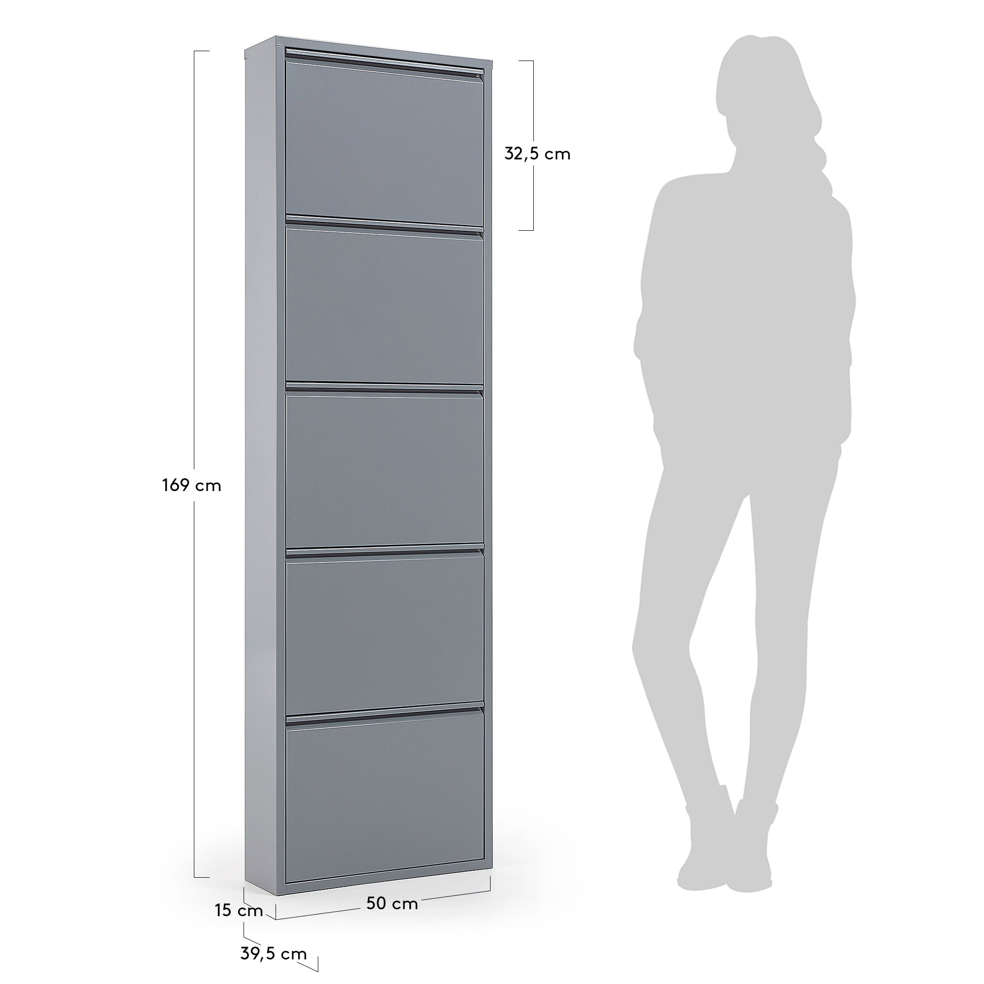 Graues 5-türiges Schuhregal von Kave Home, 50 x 168,5 cm, bietet stilvolle und kompakte Schuhaufbewahrung für jeden Raum.