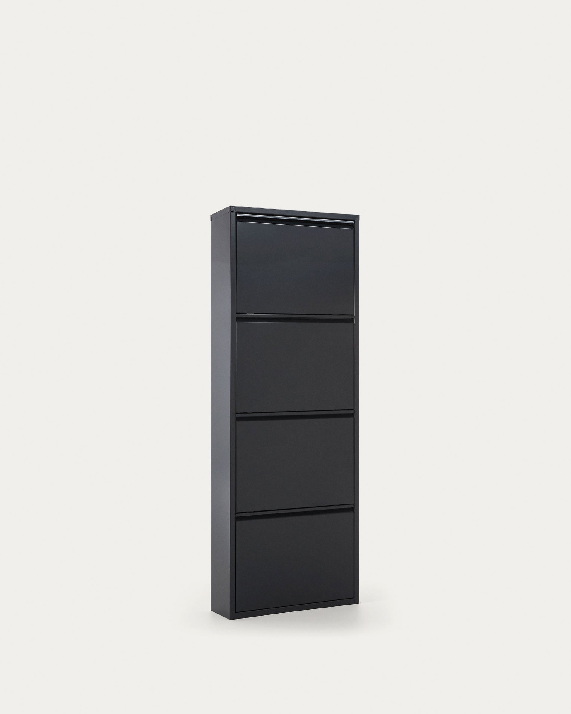 Eleganter Schuhschrank Ode von Kave Home: Dunkelgrau, 50x136 cm, 4 Türen, robustes Metall, minimalistisches Design, ideal für moderne Räume.