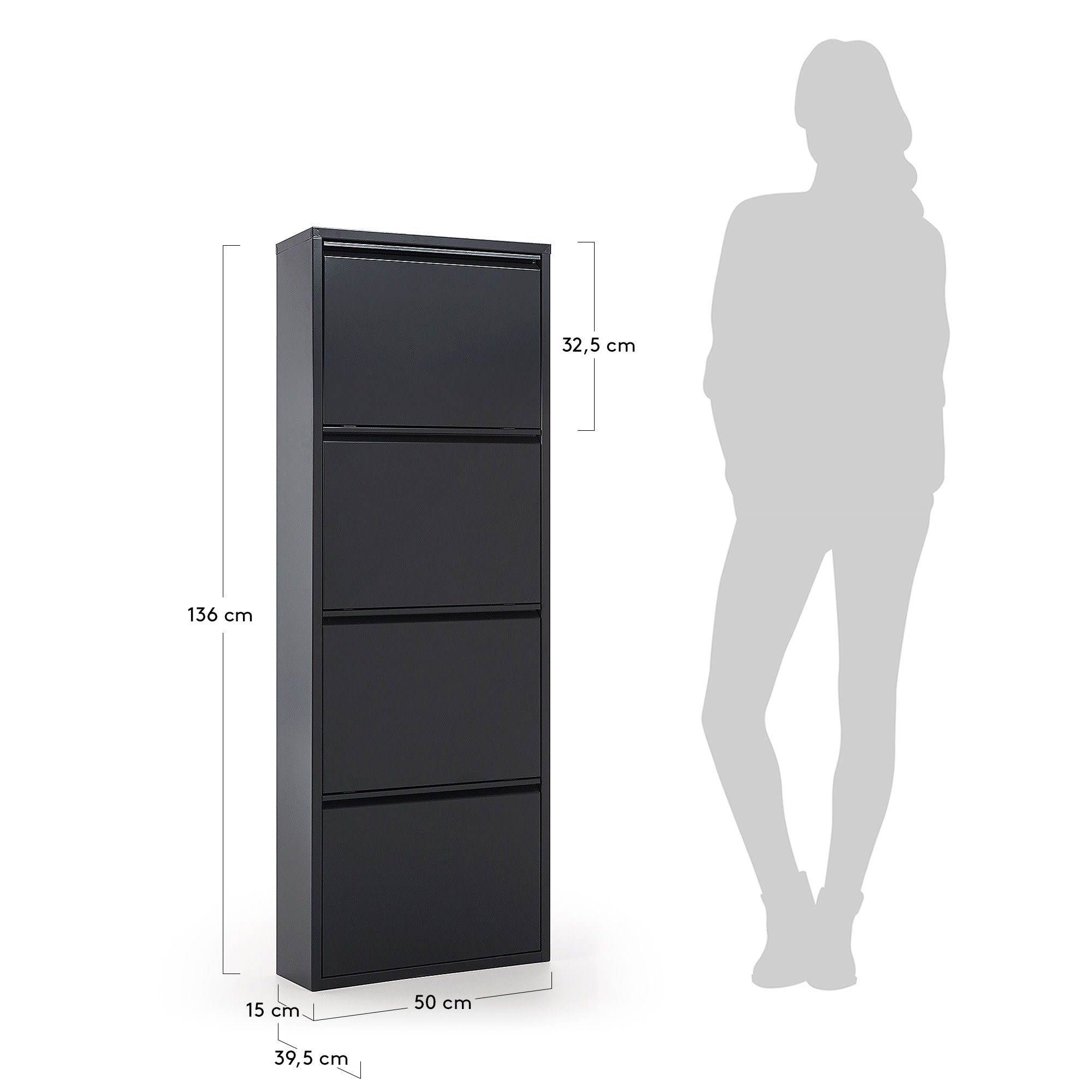 Eleganter Schuhschrank Ode von Kave Home, 50x136 cm, dunkelgrau, mit 4 Türen. Perfekt für stilvolle und funktionale Schuhorganisation.