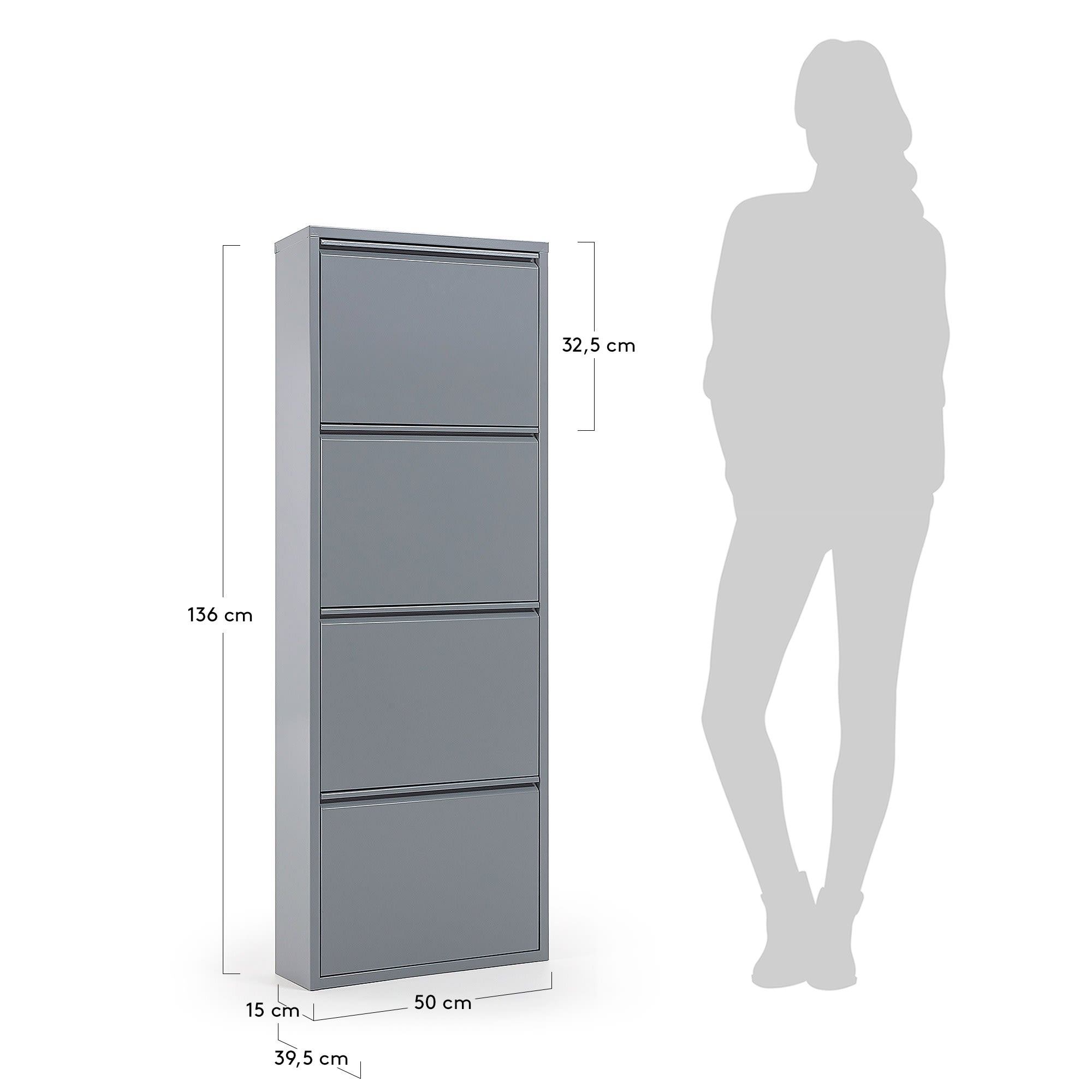 Graues Schuhregal von Kave Home, 50x136 cm, 4 Türen, bietet stilvolle und kompakte Schuhaufbewahrung für jeden Raum.