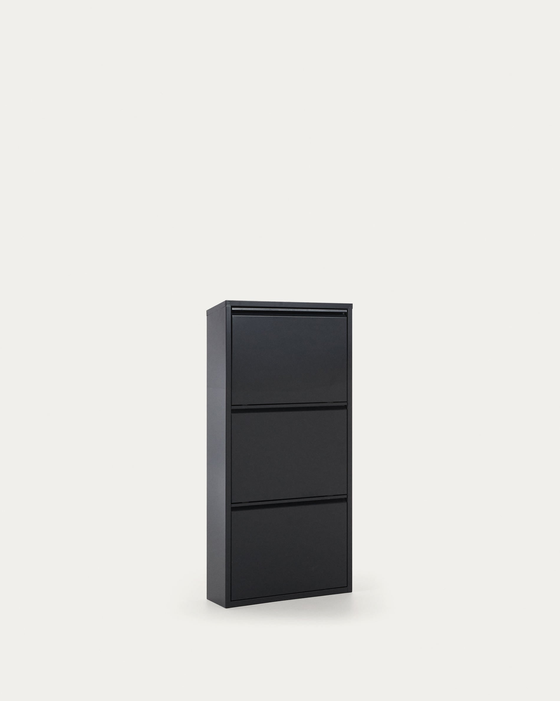 Eleganter Schuhschrank Ode von Kave Home: Dunkelgrau, 50x103 cm, 3 Türen, robustes Metall, stilvoll und funktional.