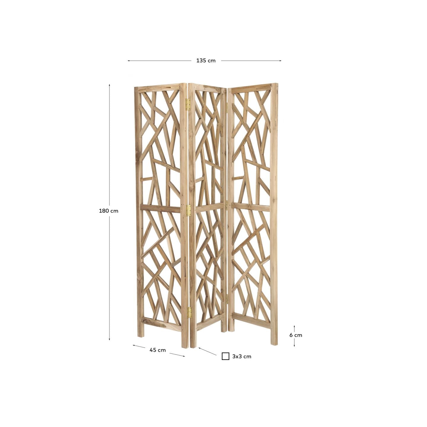 Eleganter Paravent aus massivem Teakholz, 135x180 cm, von Kave Home. Ideal für stilvolle Raumtrennung und Dekoration.