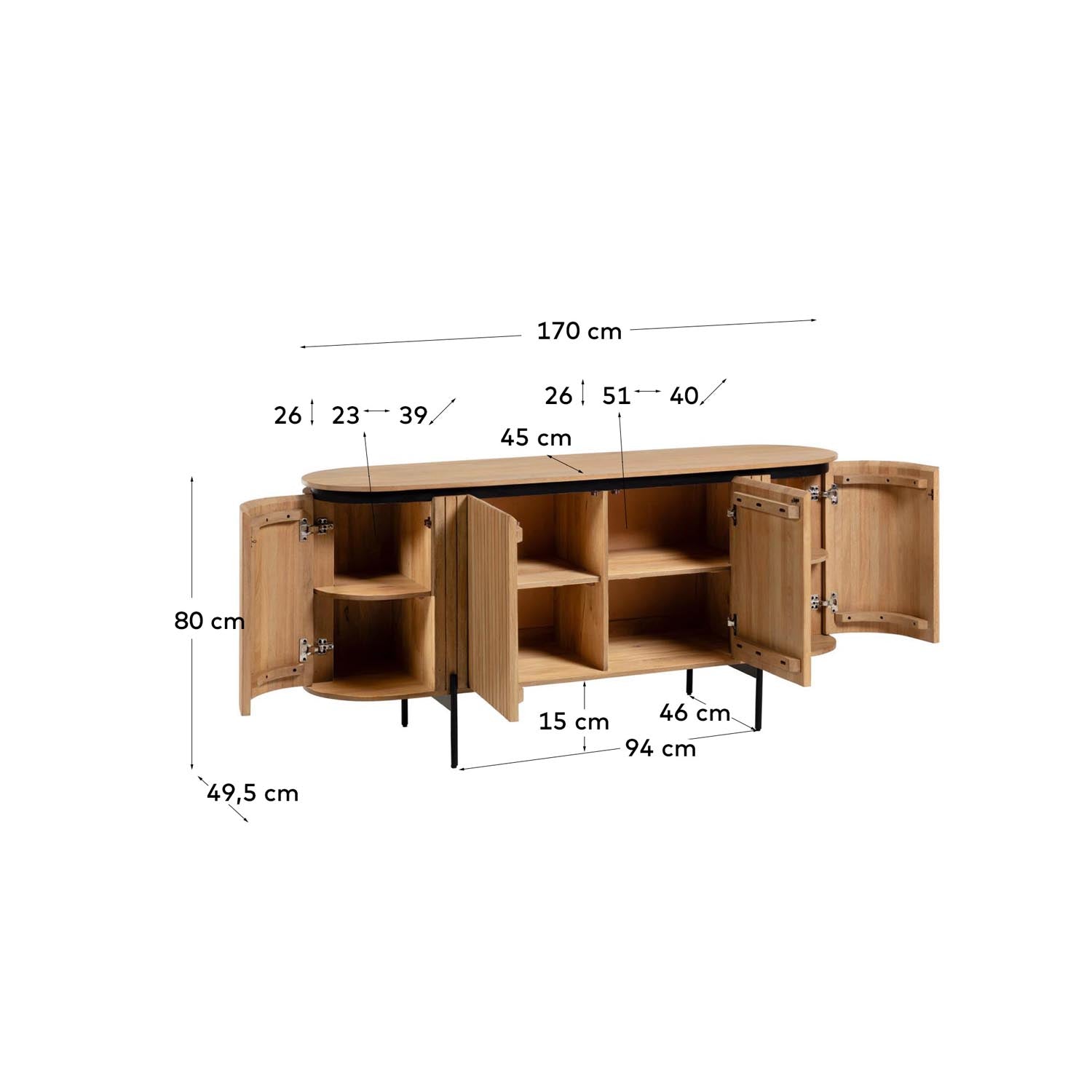 Licia Sideboard mit 4 Türen aus massivem Mangoholz und Metall in Schwarz 170 x 80 cm in Natur präsentiert im Onlineshop von KAQTU Design AG. Sideboard ist von Kave Home