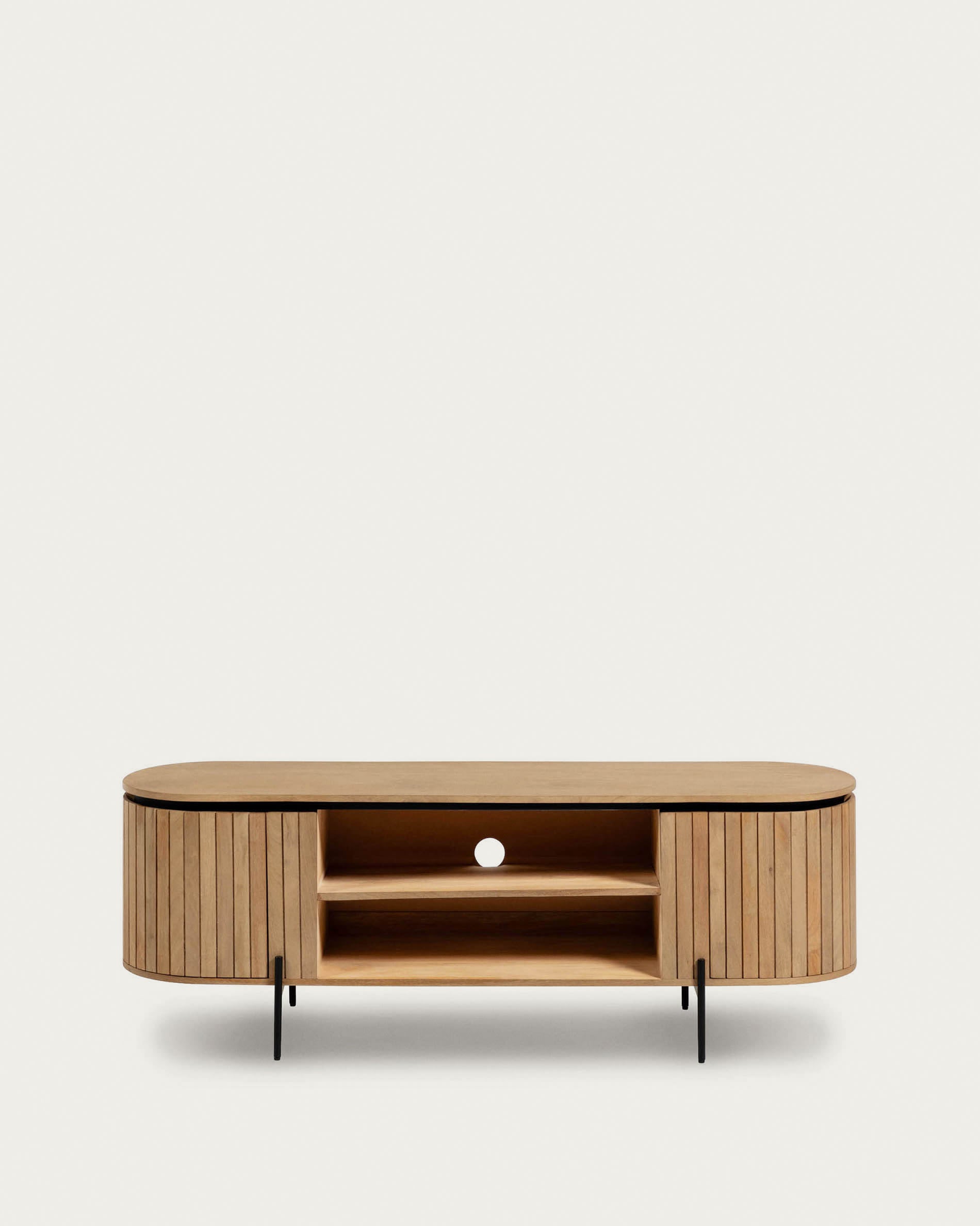 3D-Modell: Eleganter TV-Schrank aus Mangoholz, mattschwarze Metallakzente, 160x56 cm, von Kave Home.