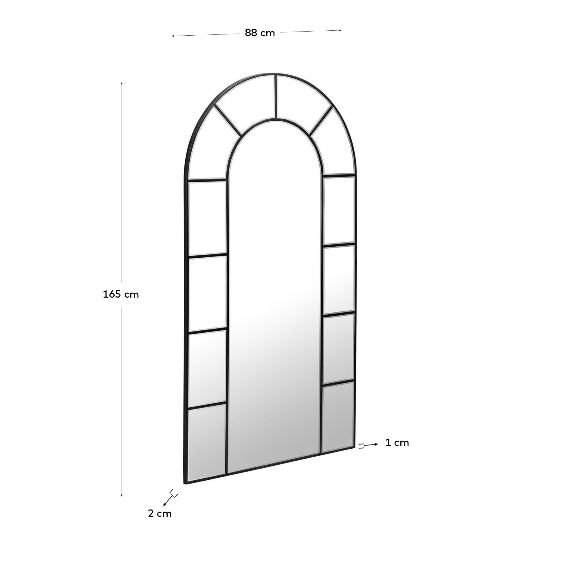 Der Nediva Spiegel von Kave Home: Eleganz in Schwarz, 88 x 165 cm, mit robustem MDF-Rahmen und stilvollem Fensterdesign.