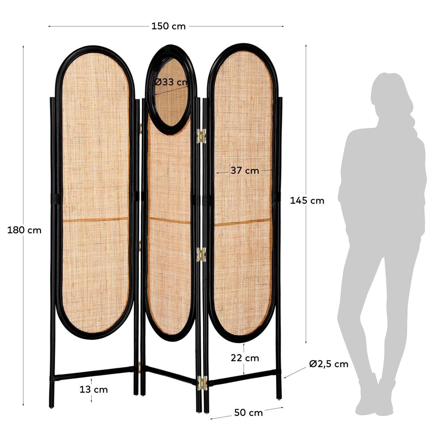 Eleganter Rattan-Paravent mit Spiegel, 150x180 cm, vereint Funktionalität und Design, ideal für stilvolle Raumtrennung.