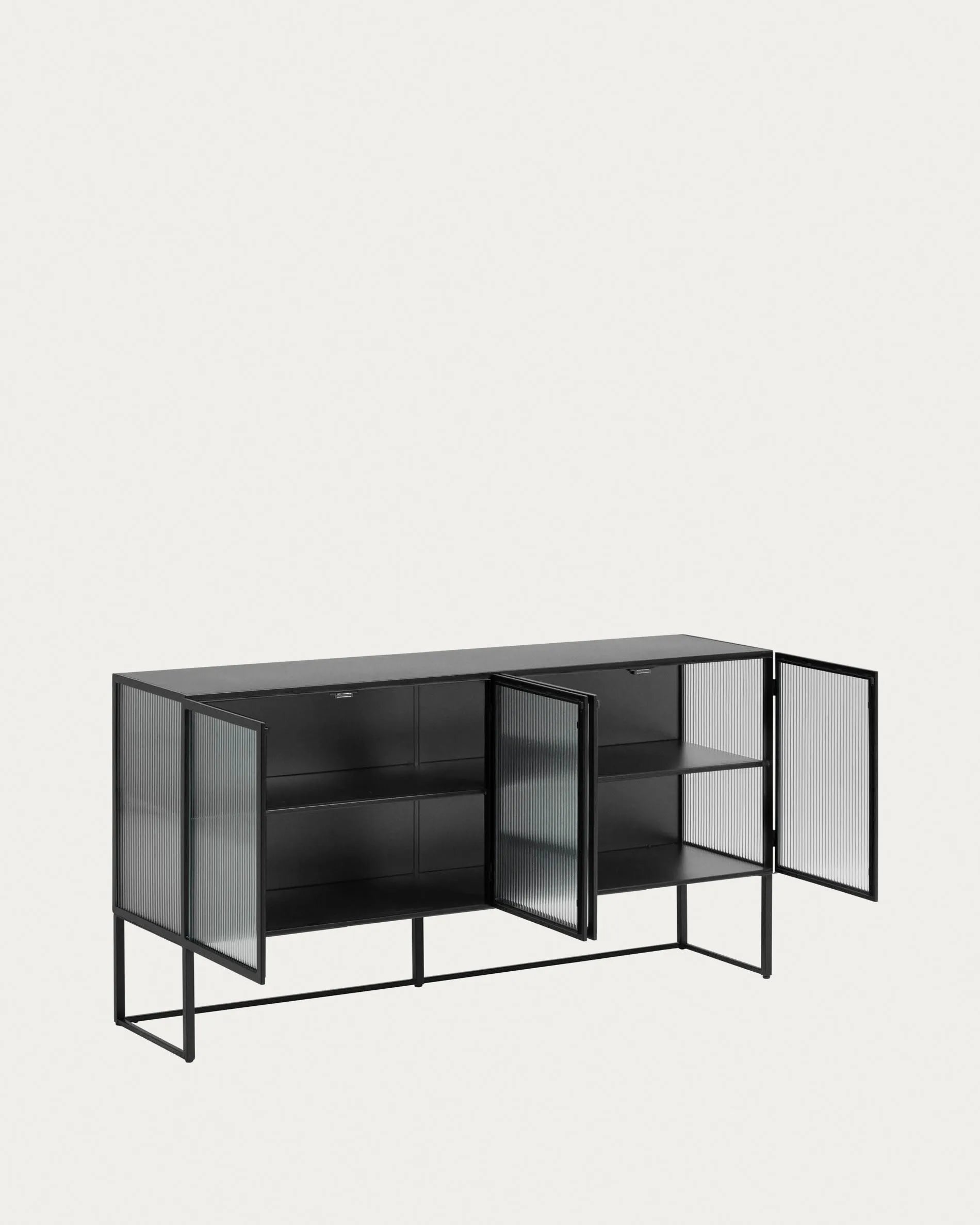 Das Trixie Sideboard aus schwarzem Stahl (160 x 81 cm) bietet modernes Design und praktische Aufbewahrung mit seinen 4 Türen.